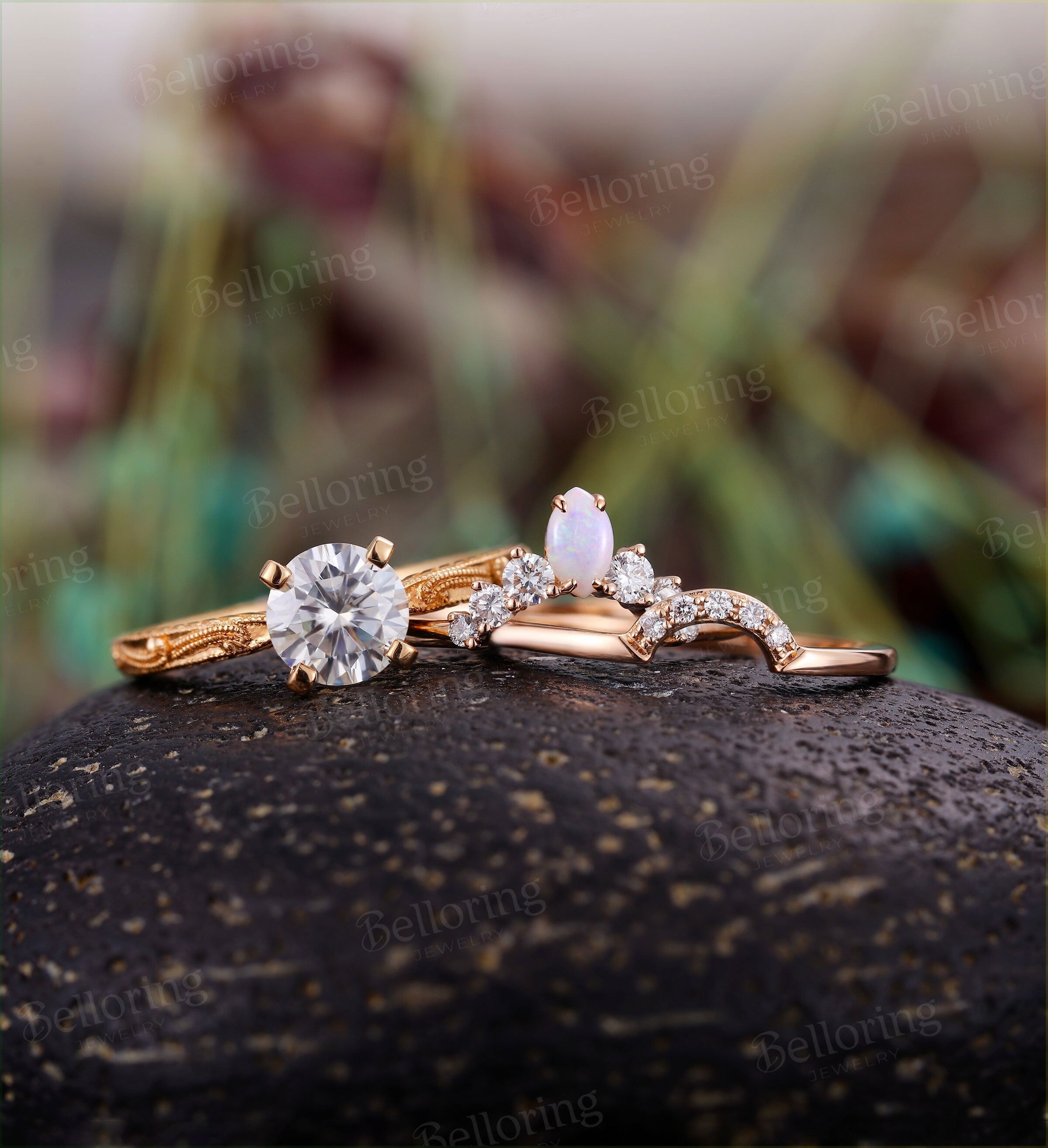 Moissanite engagement ring set Vintage  Solitaire rose gold  marquise opal Art deco Unique wedding Jewelry promise stacking rings