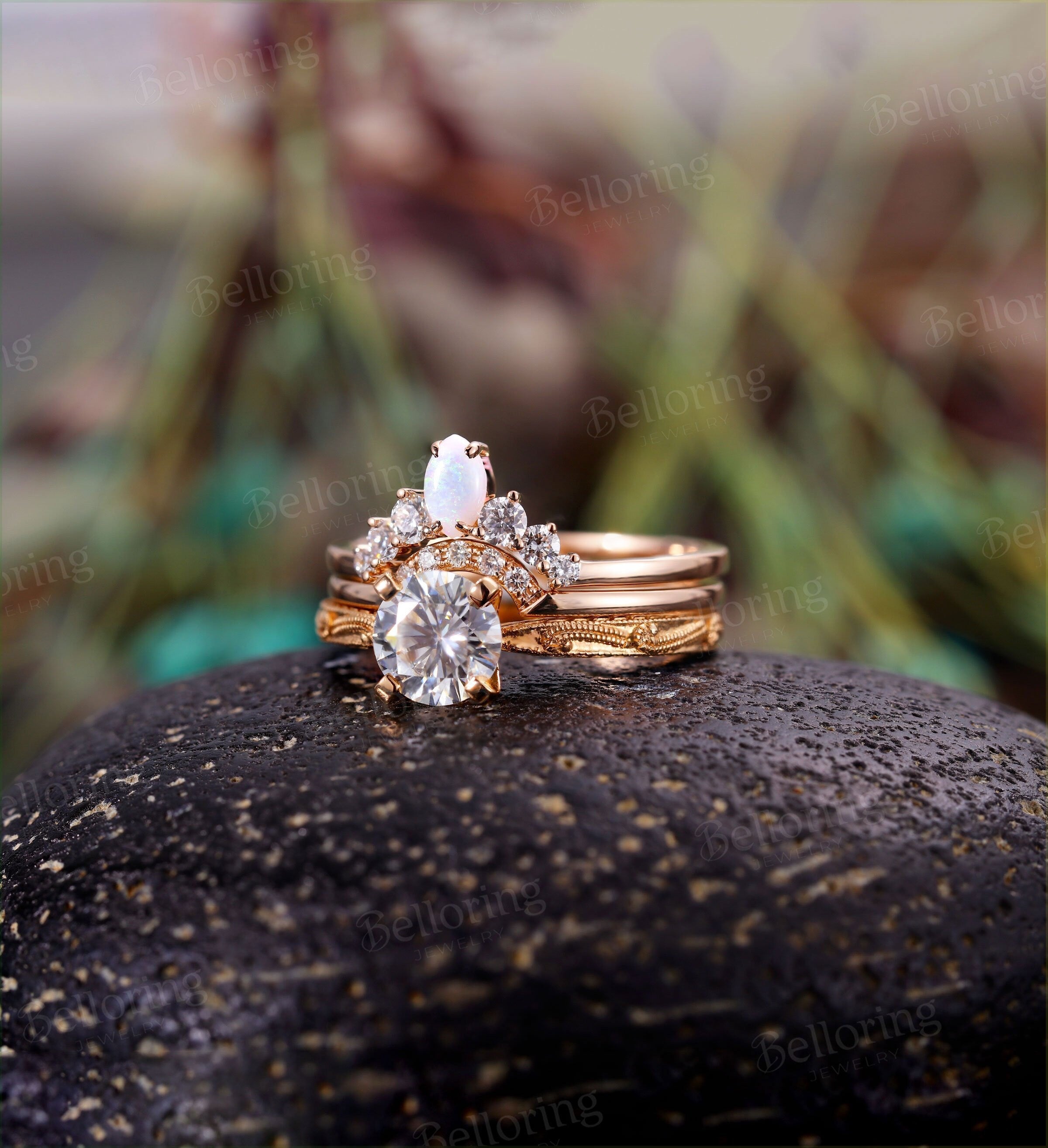 Moissanite engagement ring set Vintage  Solitaire rose gold  marquise opal Art deco Unique wedding Jewelry promise stacking rings