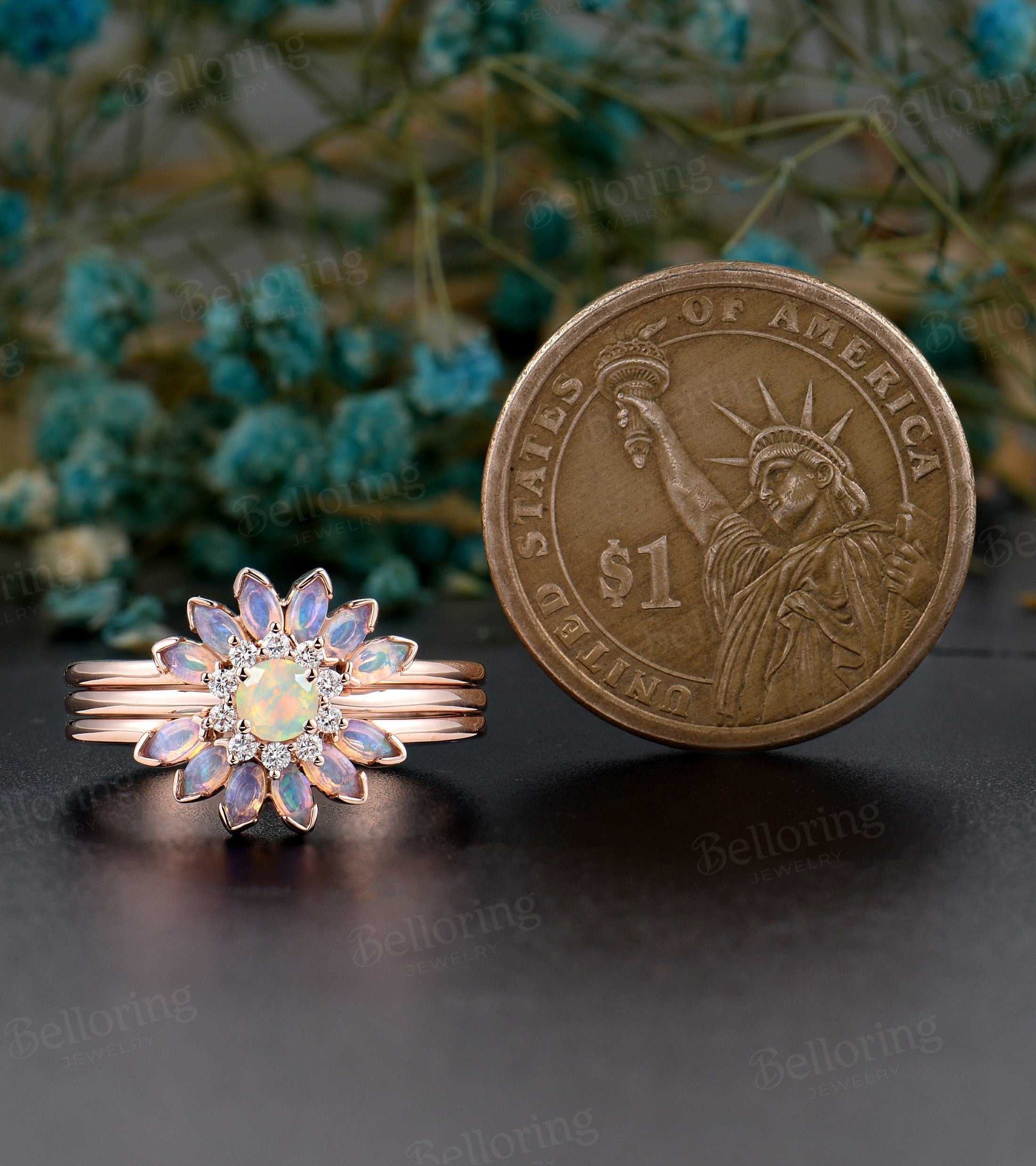 Faceted Opal engagement ring ,Marquise cut opal wedding band, Vintage rose gold wedding ring, Art deco flower ring set diamond bridal ring