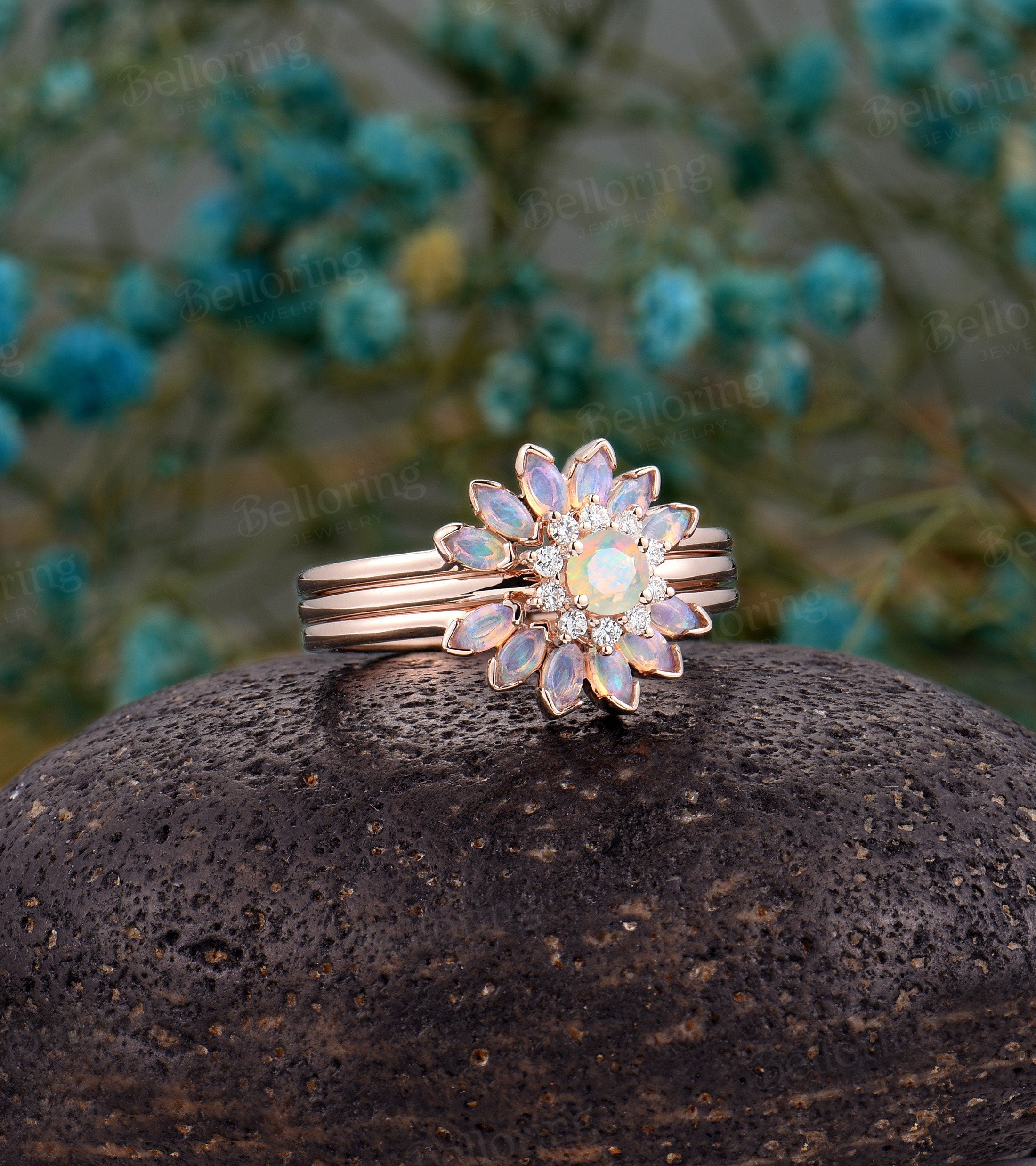 Faceted Opal engagement ring ,Marquise cut opal wedding band, Vintage rose gold wedding ring, Art deco flower ring set diamond bridal ring