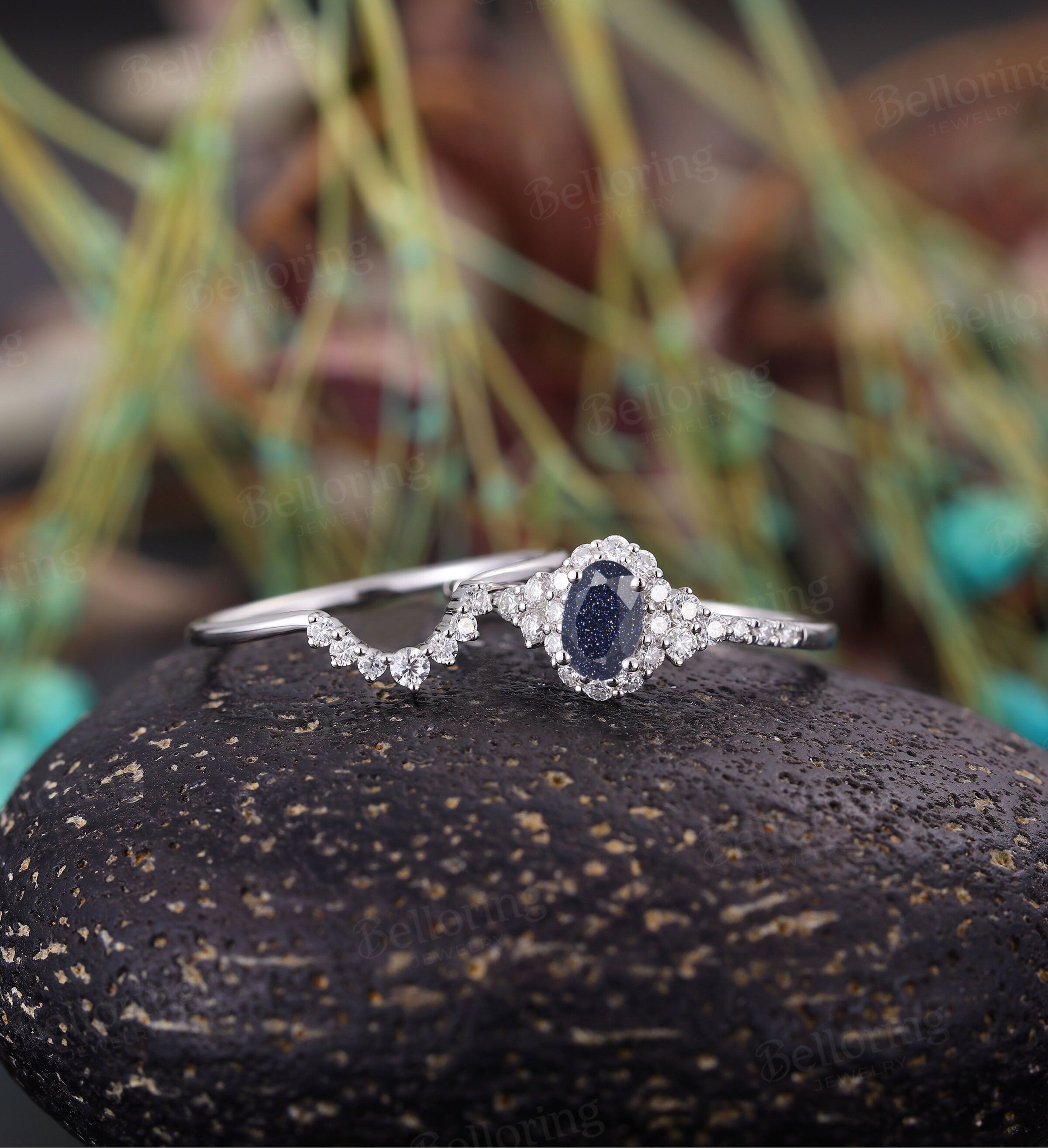 Blue Sandstone engagement ring set,Vintage oval shaped halo diamond ring, Art deco white gold Unique bridal promise Anniversary wedding ring