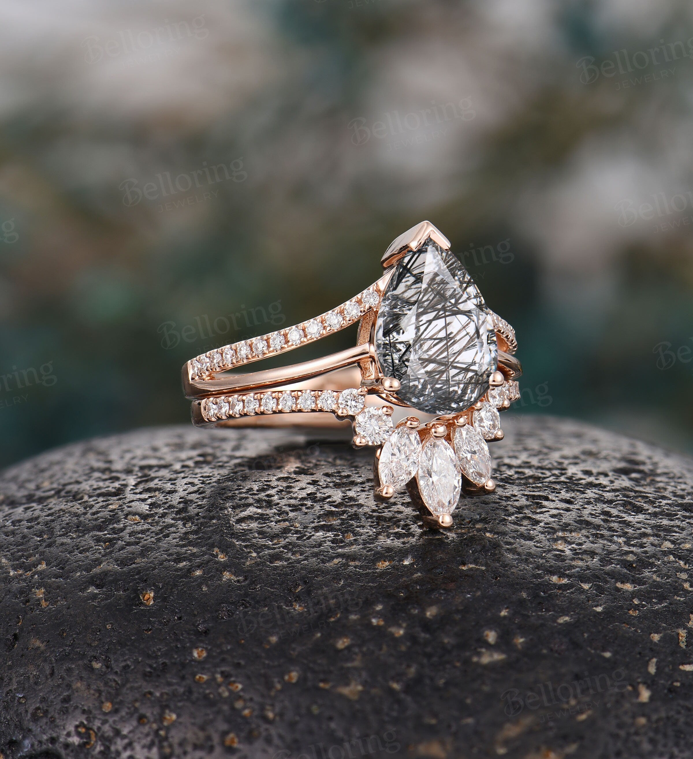 Black Rutilated Quartz engagement ring set, marquise cut diamond/moissanite rose gold wedding stacking rings, at deco Promise bridal set