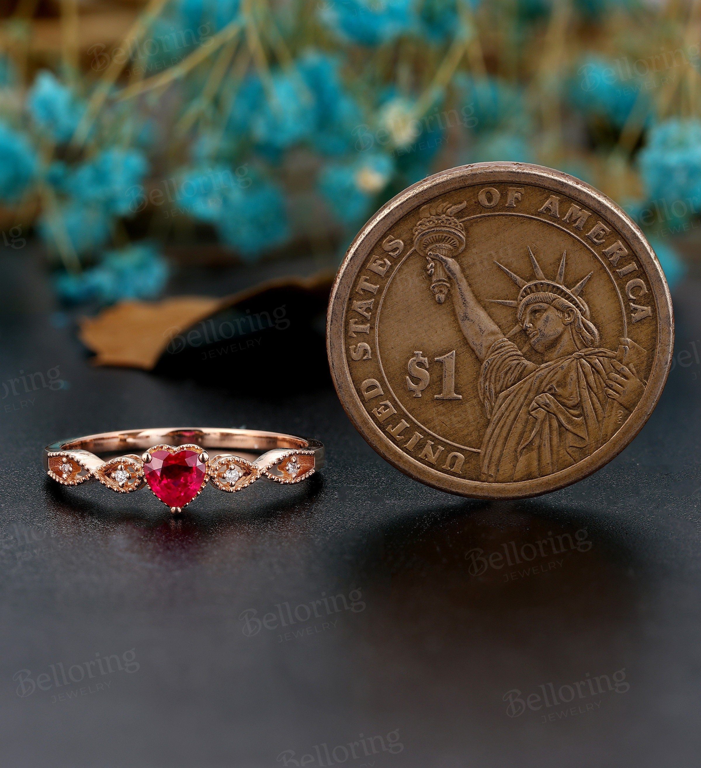 Heart shaped Ruby engagement ring rose gold ring, Vintage milgrain diamond wedding ring, unique antique art deco Anniversary wedding ring