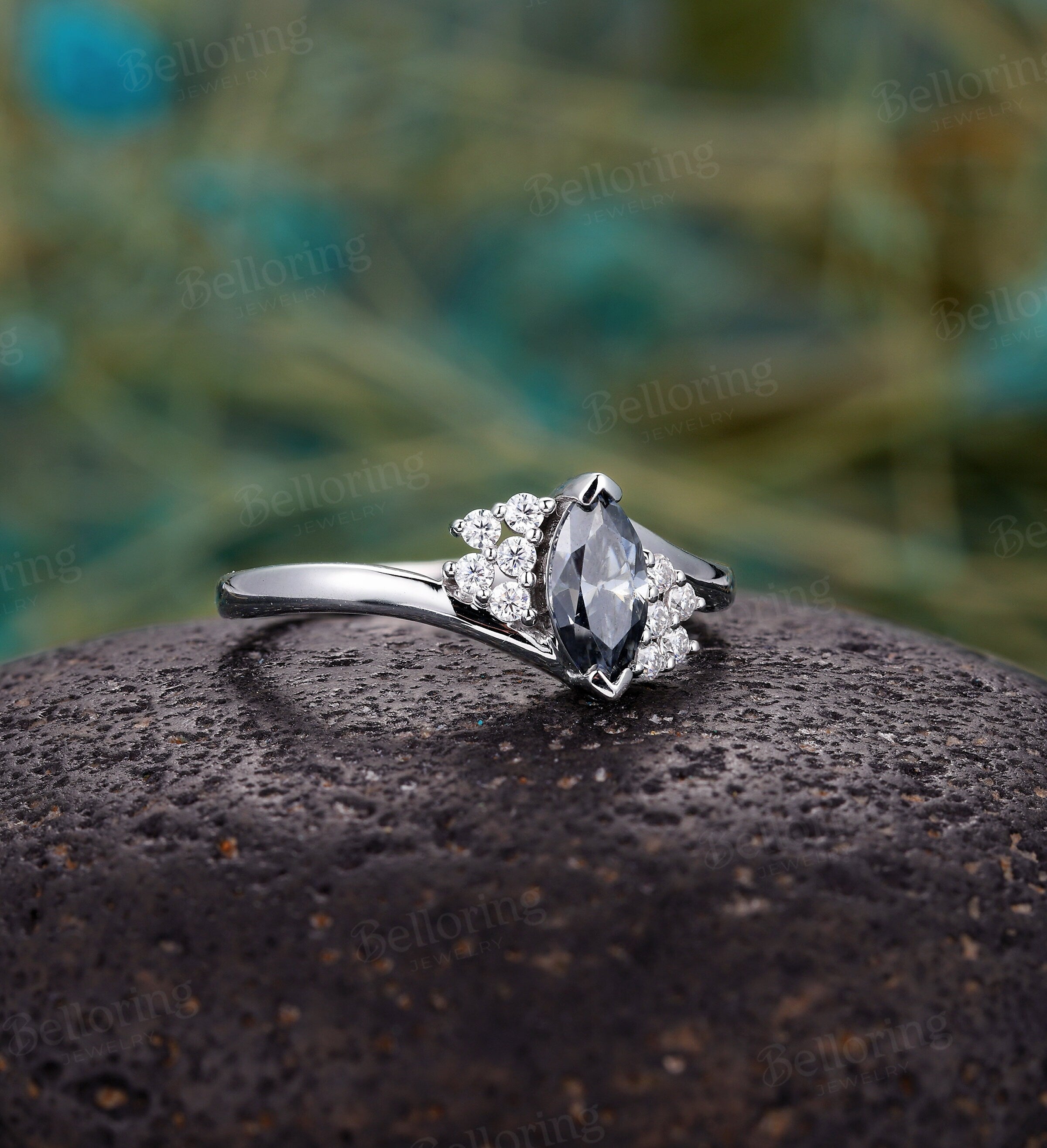 Marquise cut Dark Grey Moissanite engagement ring, Vintage cluster Moissanite/diamond white gold Unique ring, art deco antique wedding ring