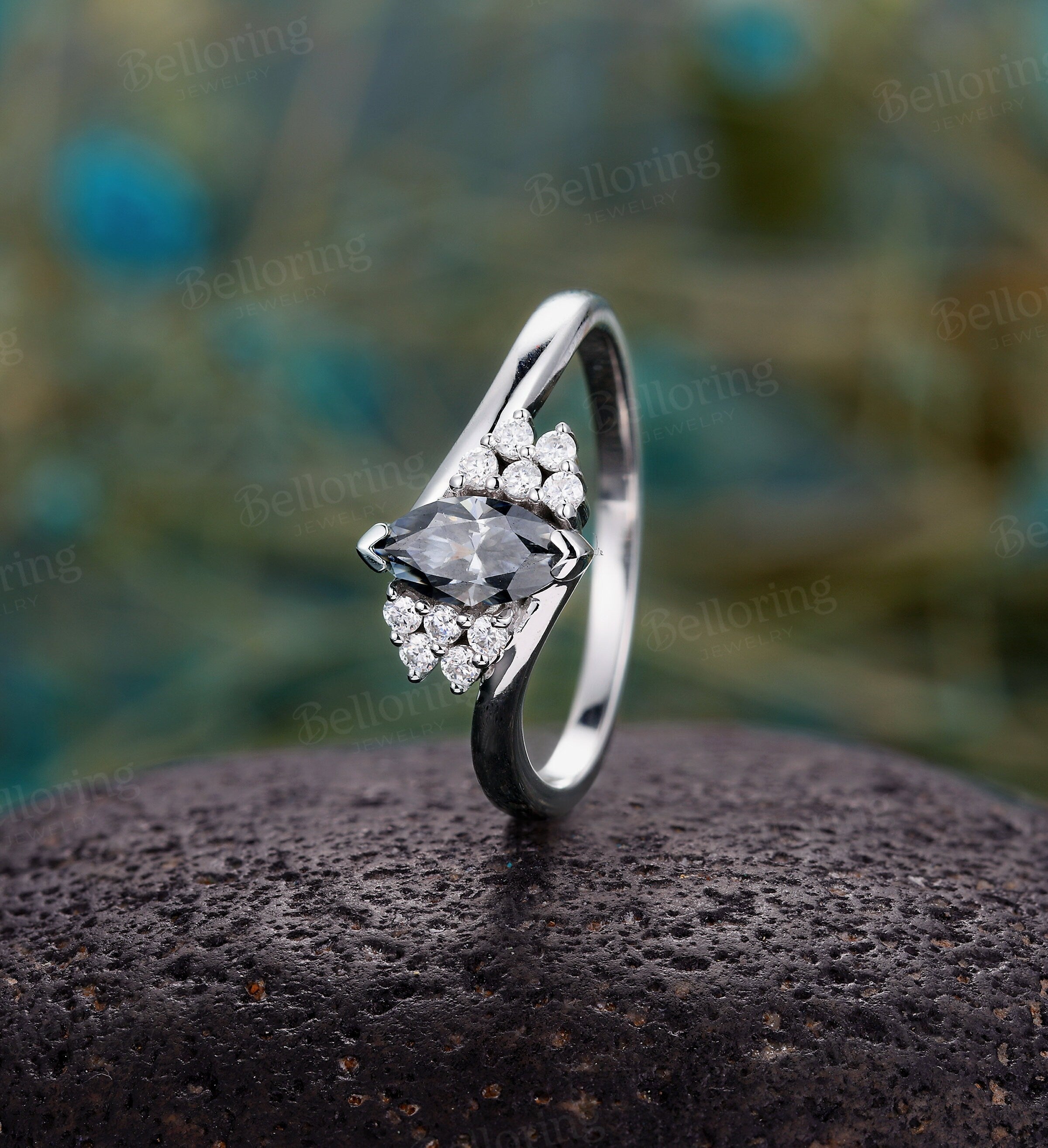 Marquise cut Dark Grey Moissanite engagement ring, Vintage cluster Moissanite/diamond white gold Unique ring, art deco antique wedding ring