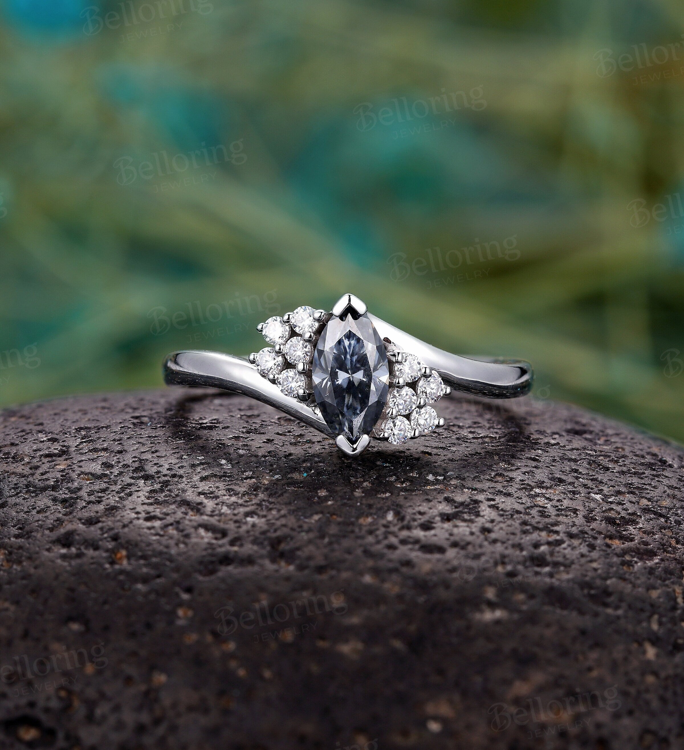 Marquise cut Dark Grey Moissanite engagement ring, Vintage cluster Moissanite/diamond white gold Unique ring, art deco antique wedding ring