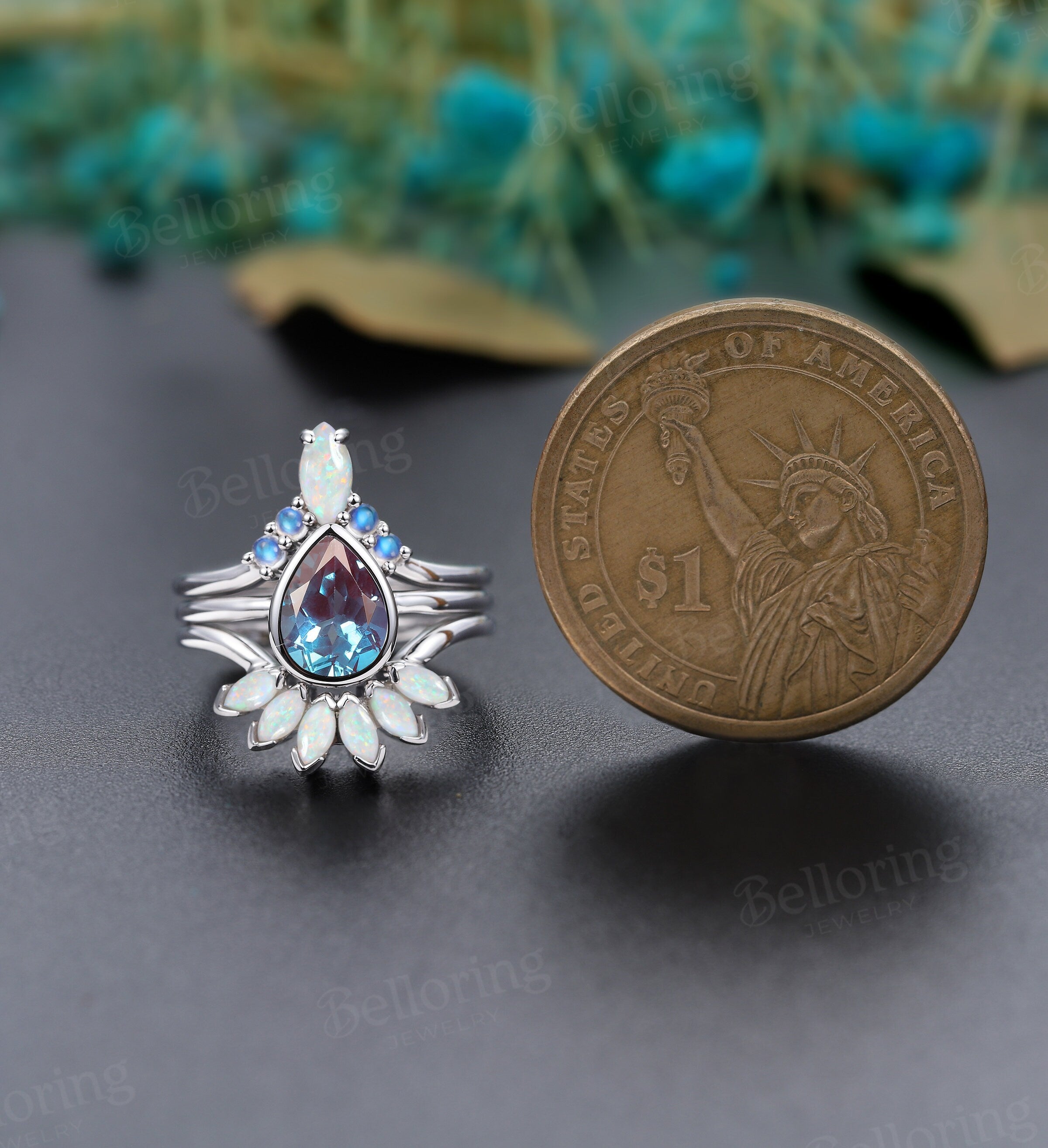 Art deco Alexandrite engagement ring set, Vintage Opal Moonstone white gold ring, Unique wedding Bridal set, Unique Anniversary Bridal ring