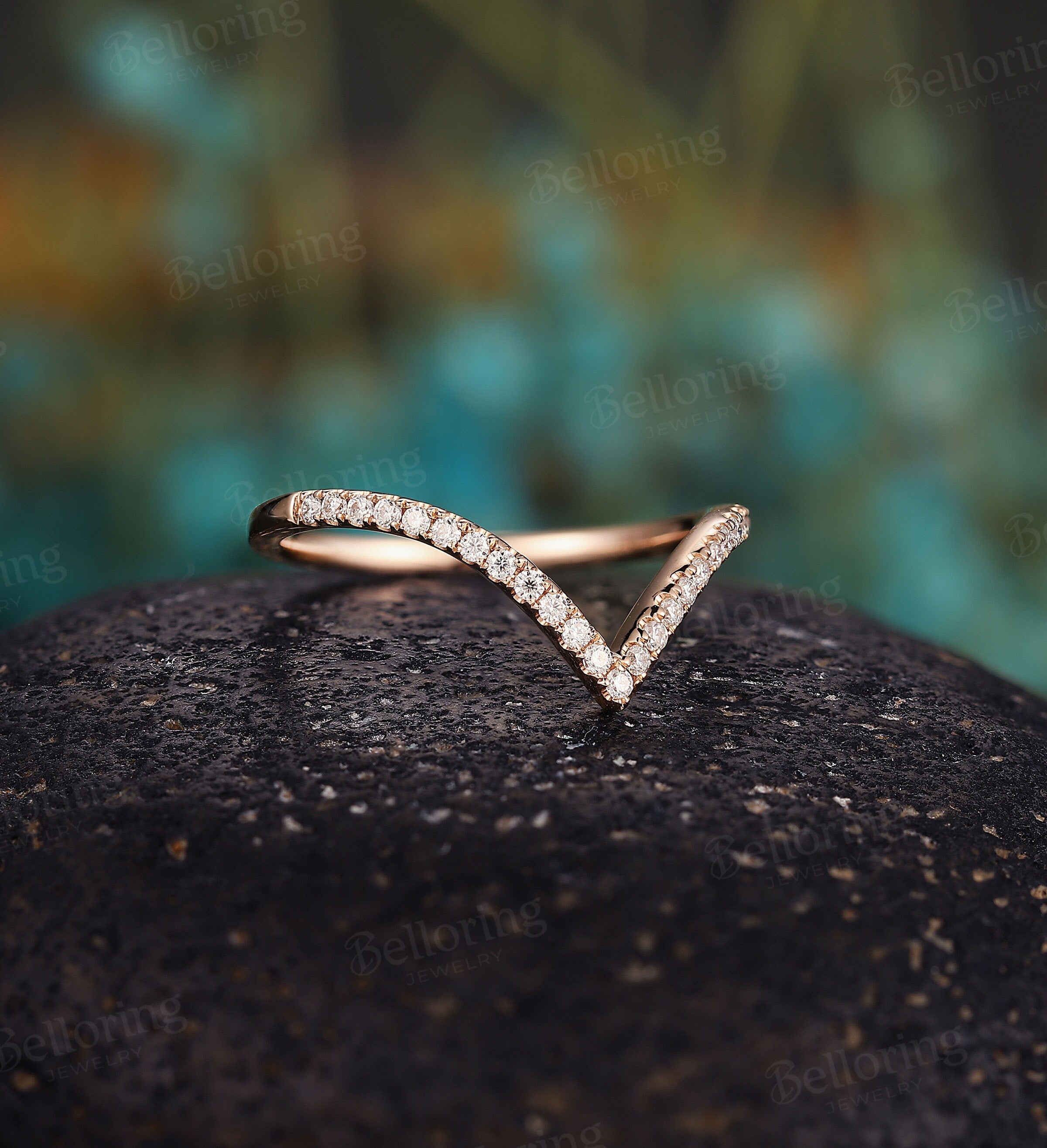 Diamond Curved wedding band, Vintage rose gold round cut moissanite Chevron wedding, Antique half eternity Matching Promise Anniversary ring