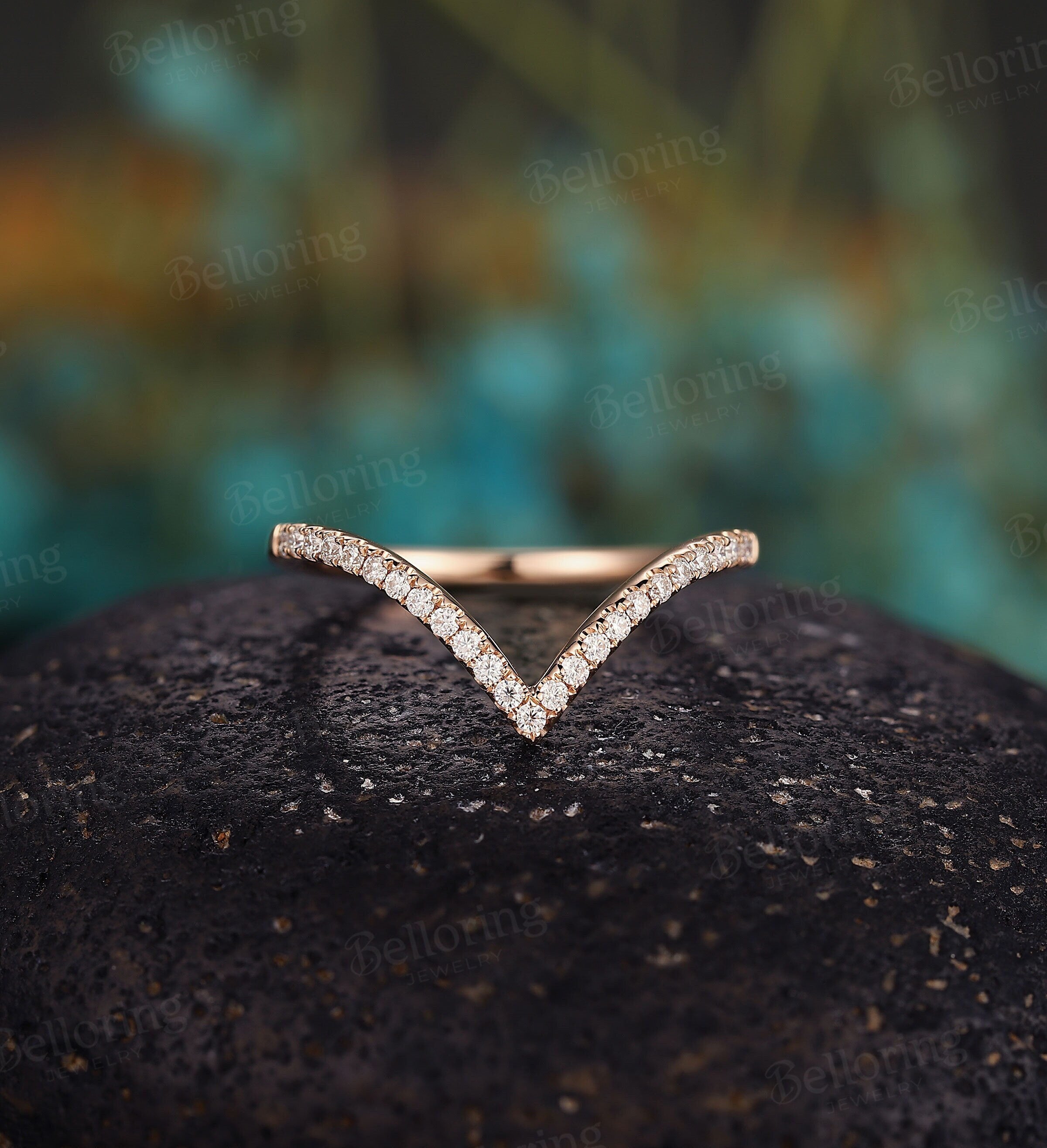 Diamond Curved wedding band, Vintage rose gold round cut moissanite Chevron wedding, Antique half eternity Matching Promise Anniversary ring