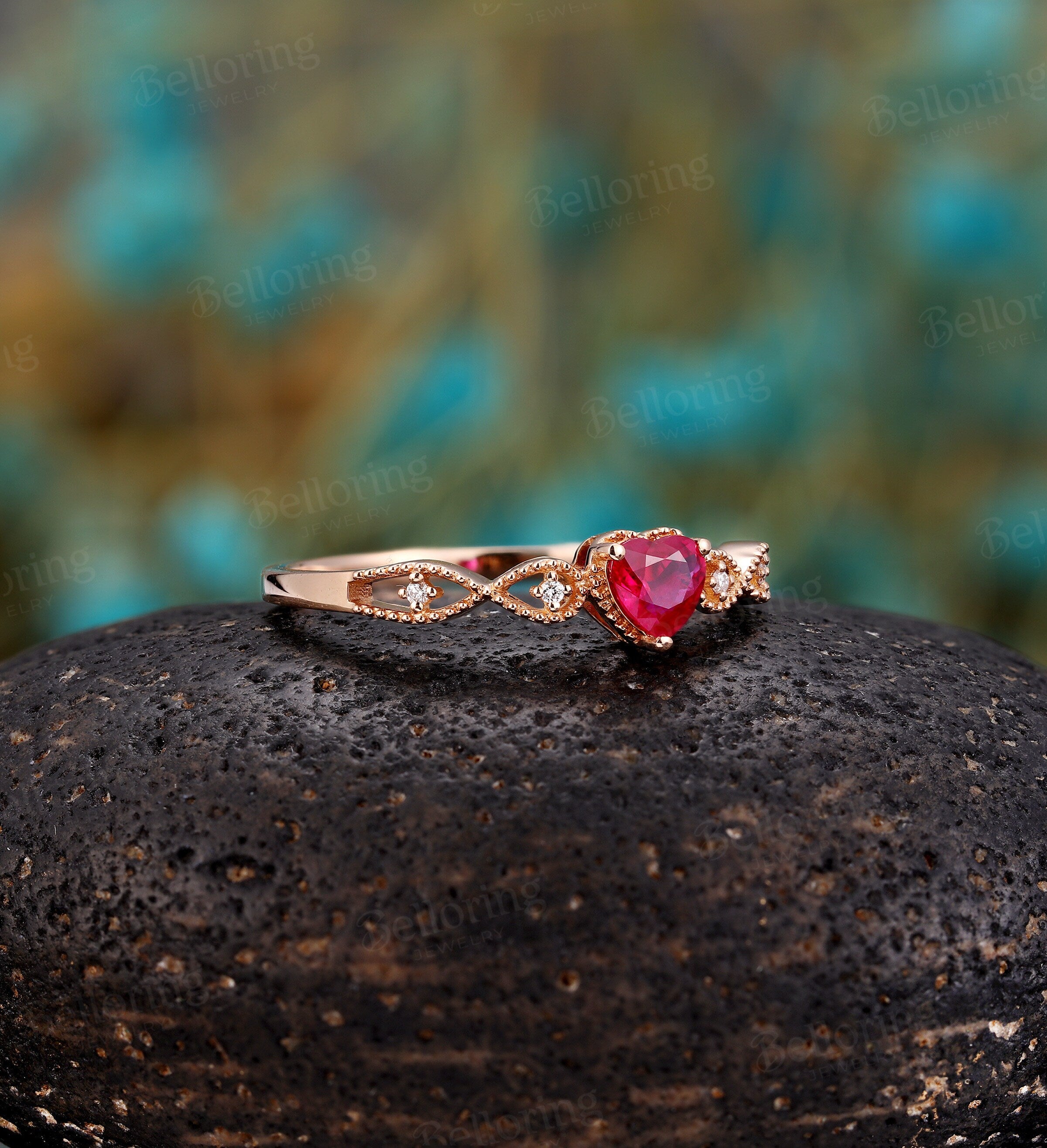 Heart shaped Ruby engagement ring rose gold ring, Vintage milgrain diamond wedding ring, unique antique art deco Anniversary wedding ring