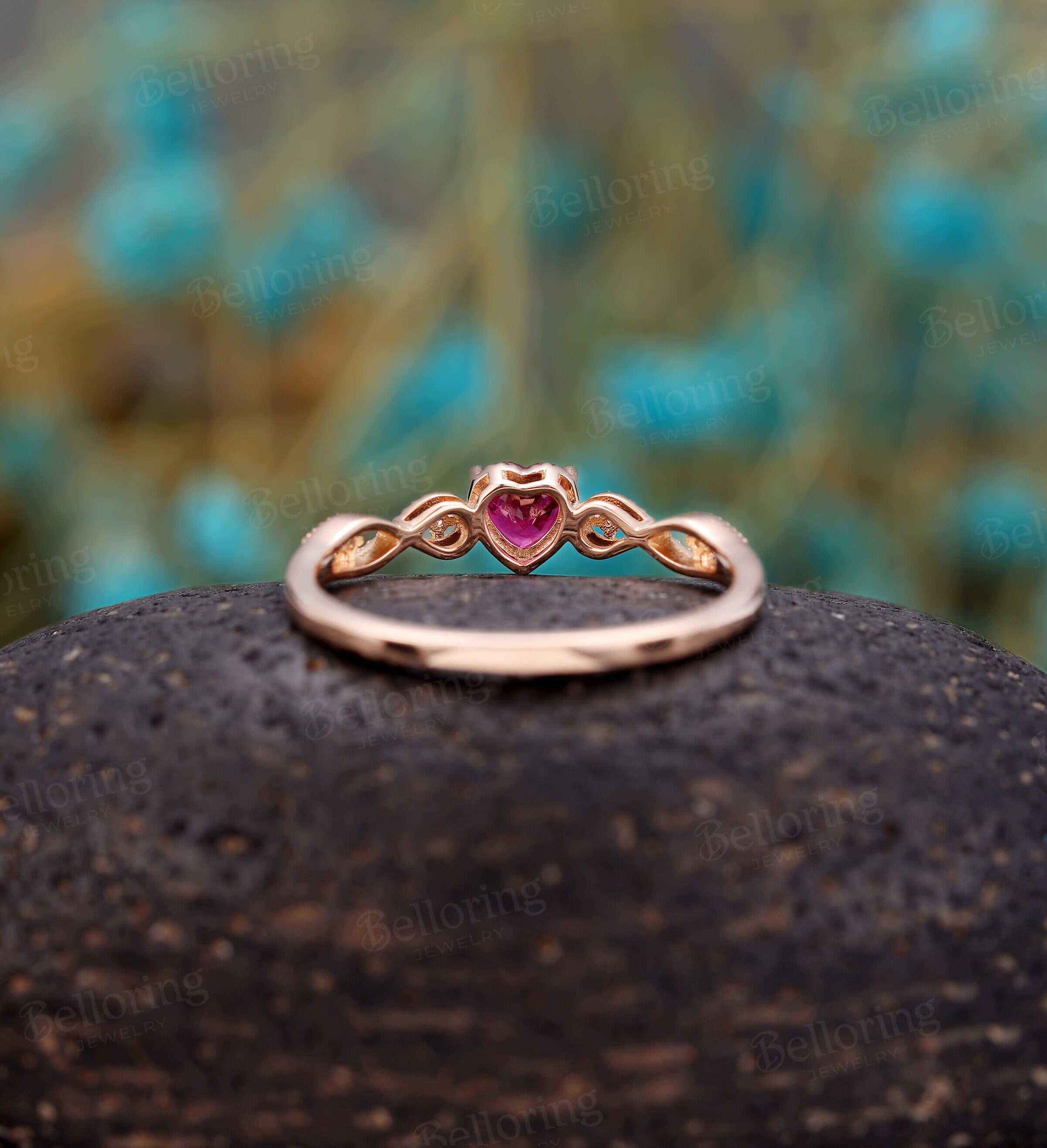 Heart shaped Ruby engagement ring rose gold ring, Vintage milgrain diamond wedding ring, unique antique art deco Anniversary wedding ring