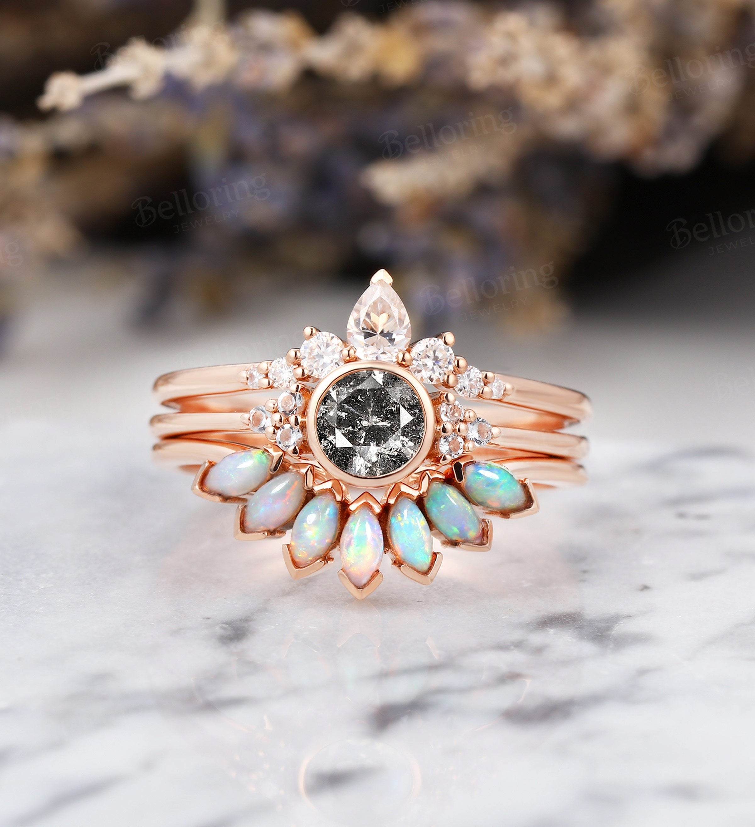 Art deco Salt and Pepper Diamond engagement ring Vintage Opal Topaz rose gold Unique moissanite wedding band Bridal set Anniversary gift