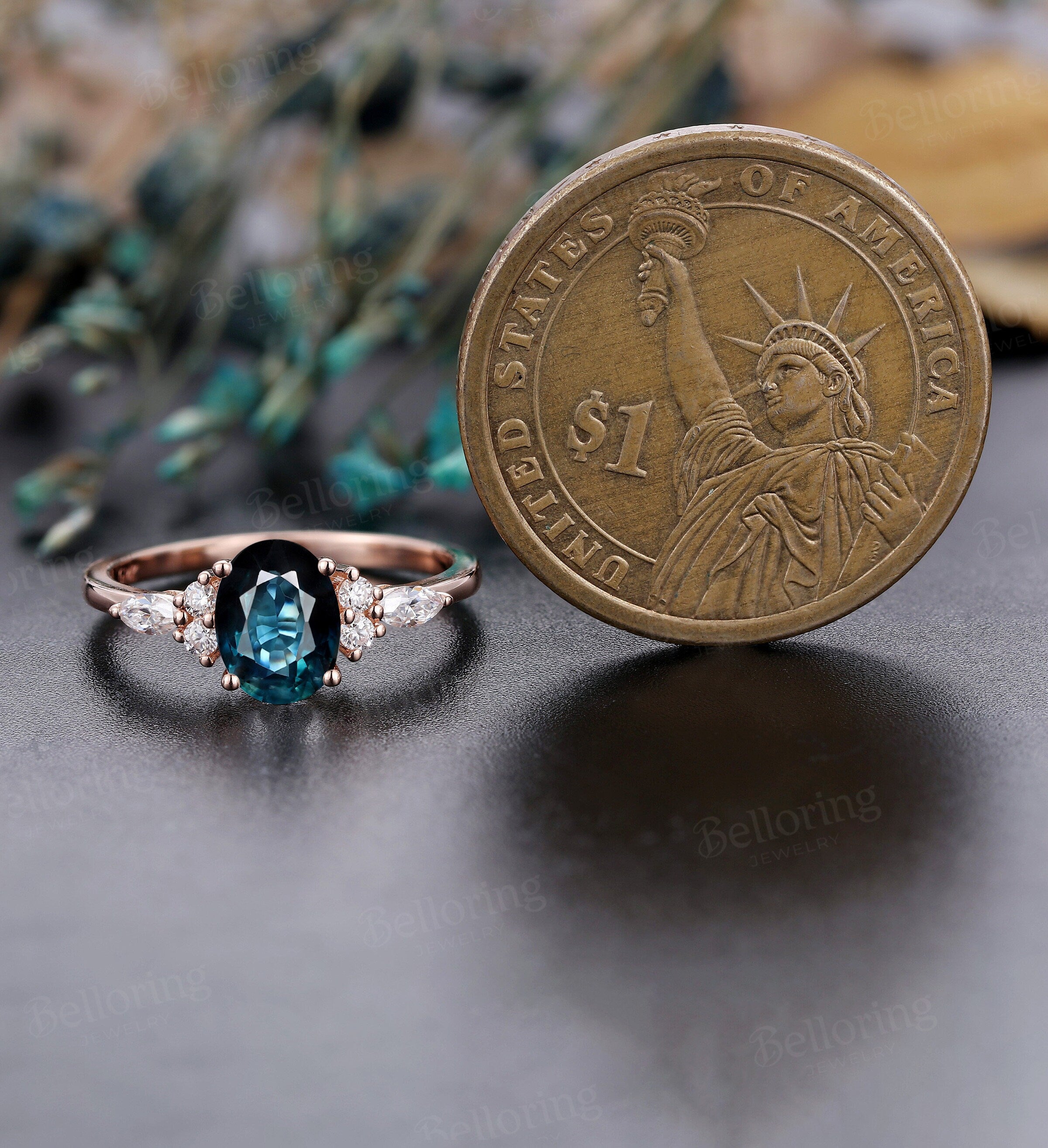 Art deco oval cut Teal Sapphire engagement ring, Vintage antique rose gold Unique wedding ring, moissanite/diamond promise Anniversary ring