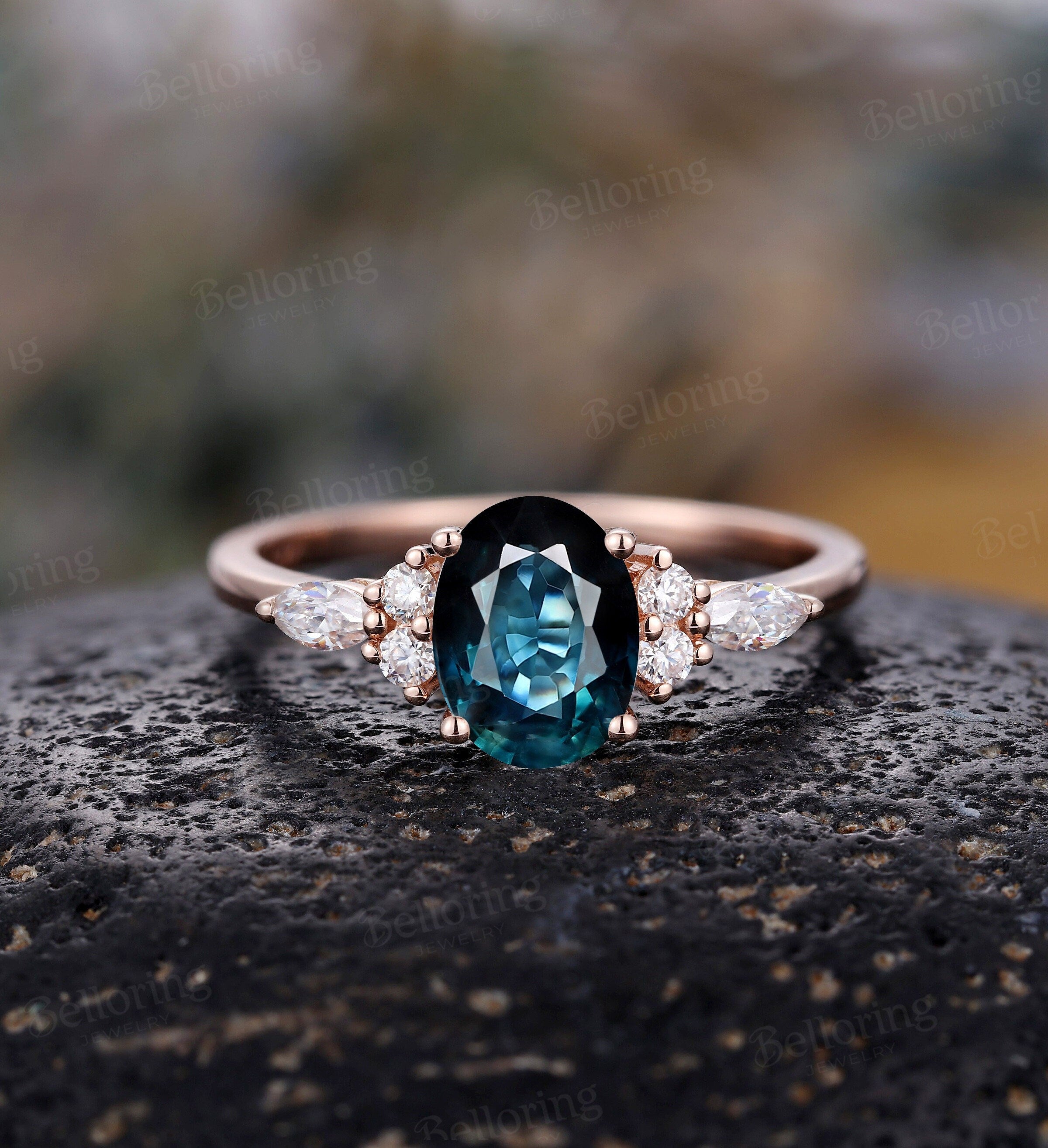 Art deco oval cut Teal Sapphire engagement ring, Vintage antique rose gold Unique wedding ring, moissanite/diamond promise Anniversary ring