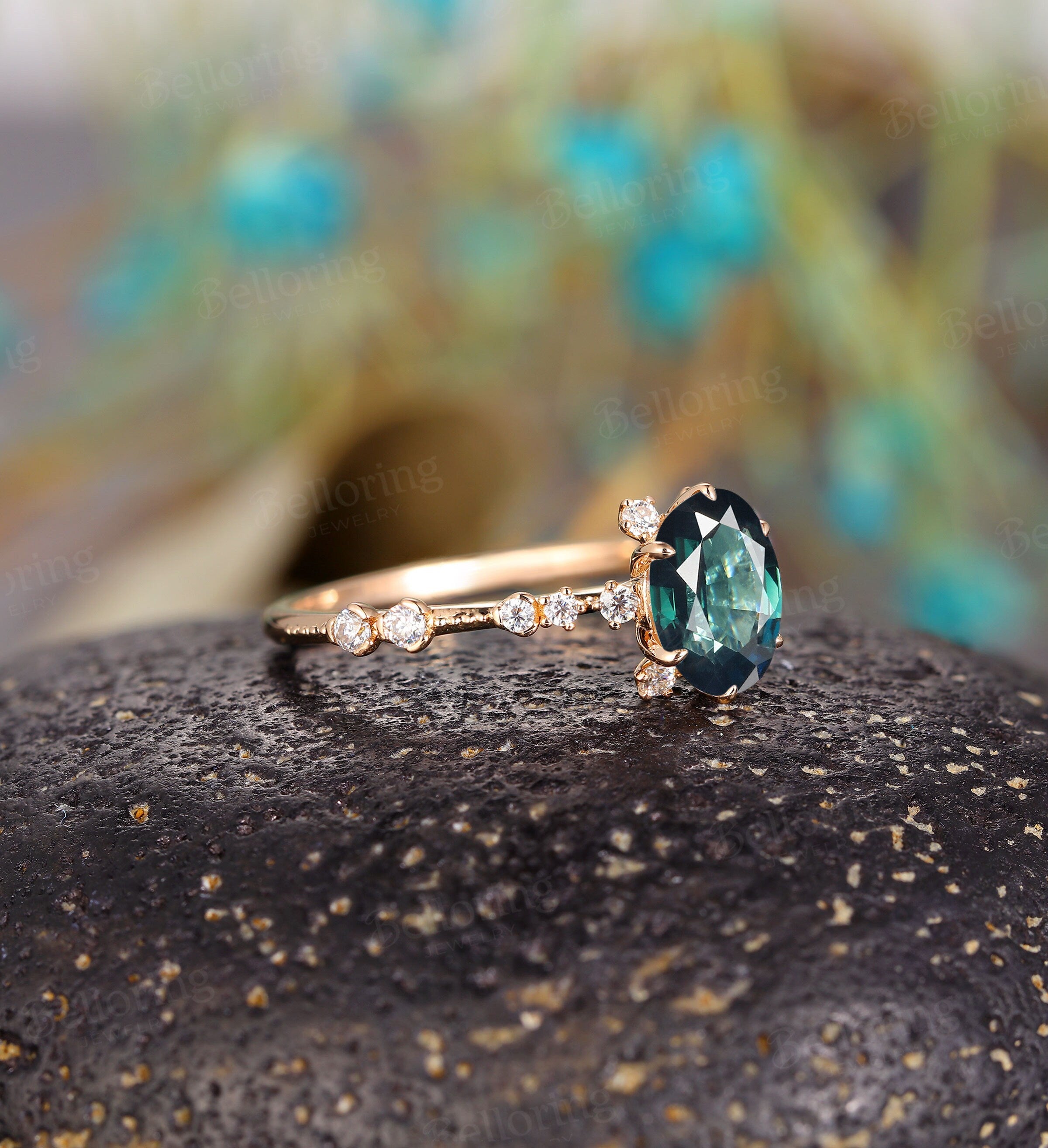 Art deco oval cut Teal Sapphire engagement ring, Vintage antique rose gold Unique wedding ring, moissanite milgrain promise Anniversary ring