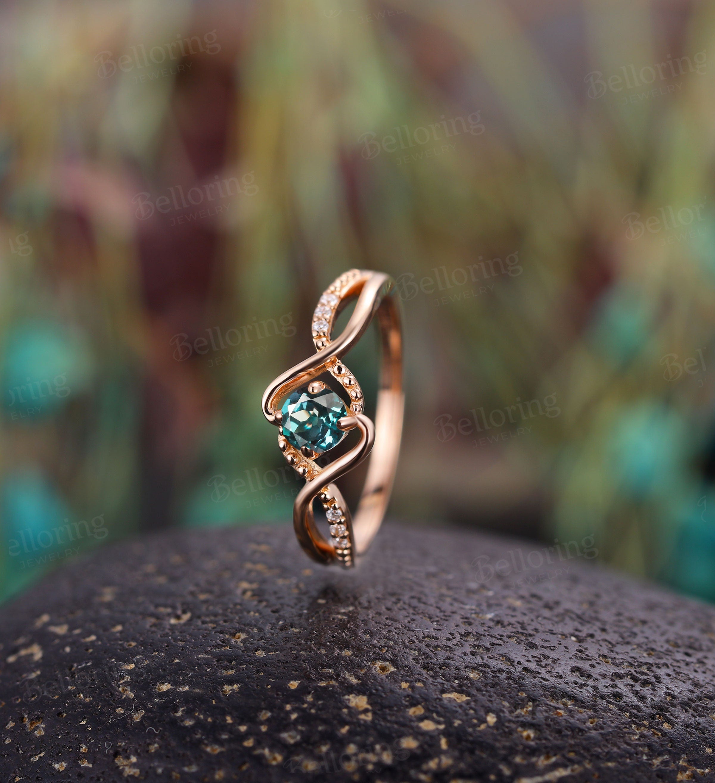 Alexandrite engagement ring, Vintage diamond rose gold wedding ring, Unique wedding Art deco Delicate Anniversary wedding promise ring