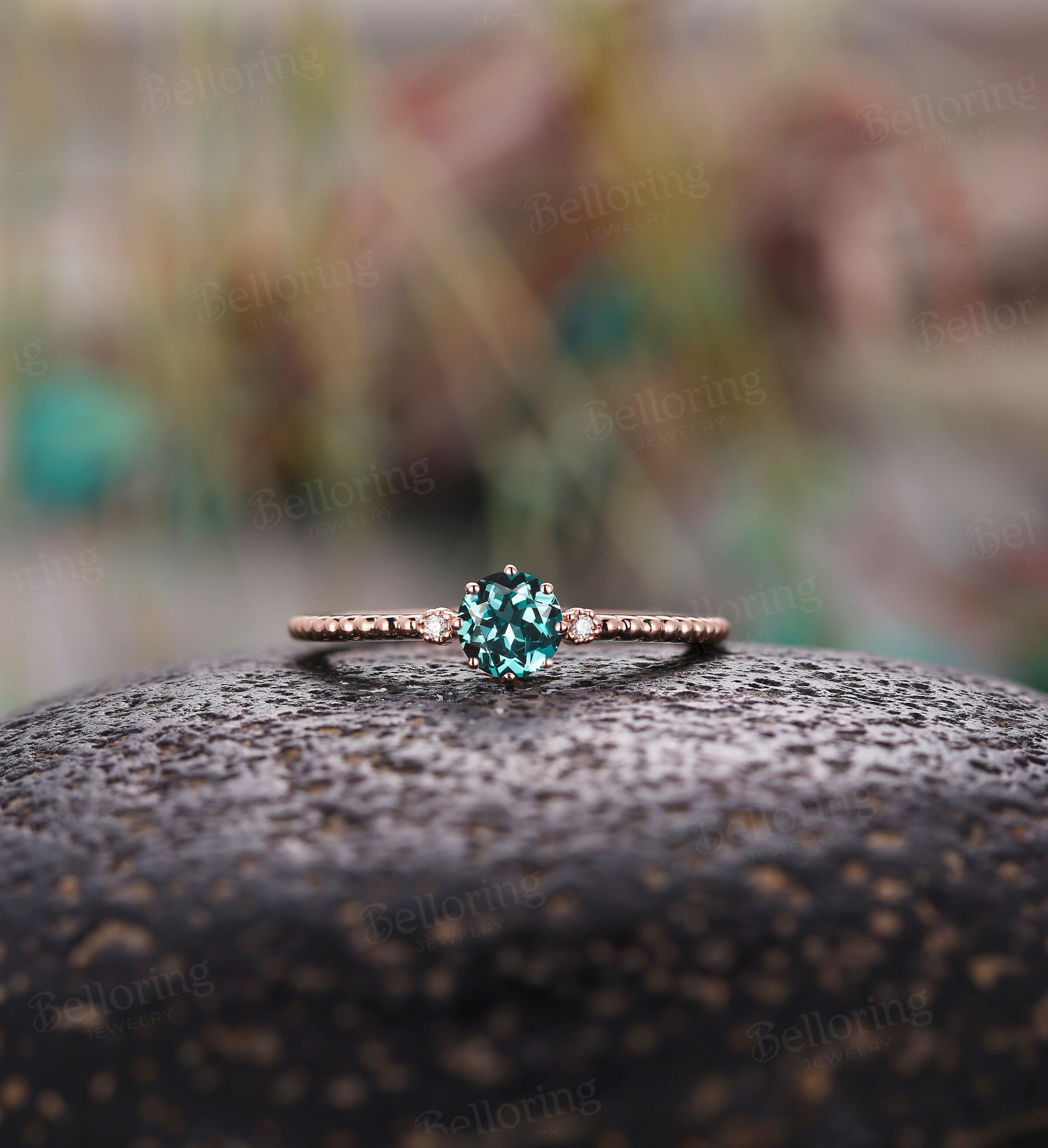 Delicate Alexandrite engagement ring, Vintage diamond rose gold wedding ring, Unique Art deco bridal ring, Anniversary three stones ring