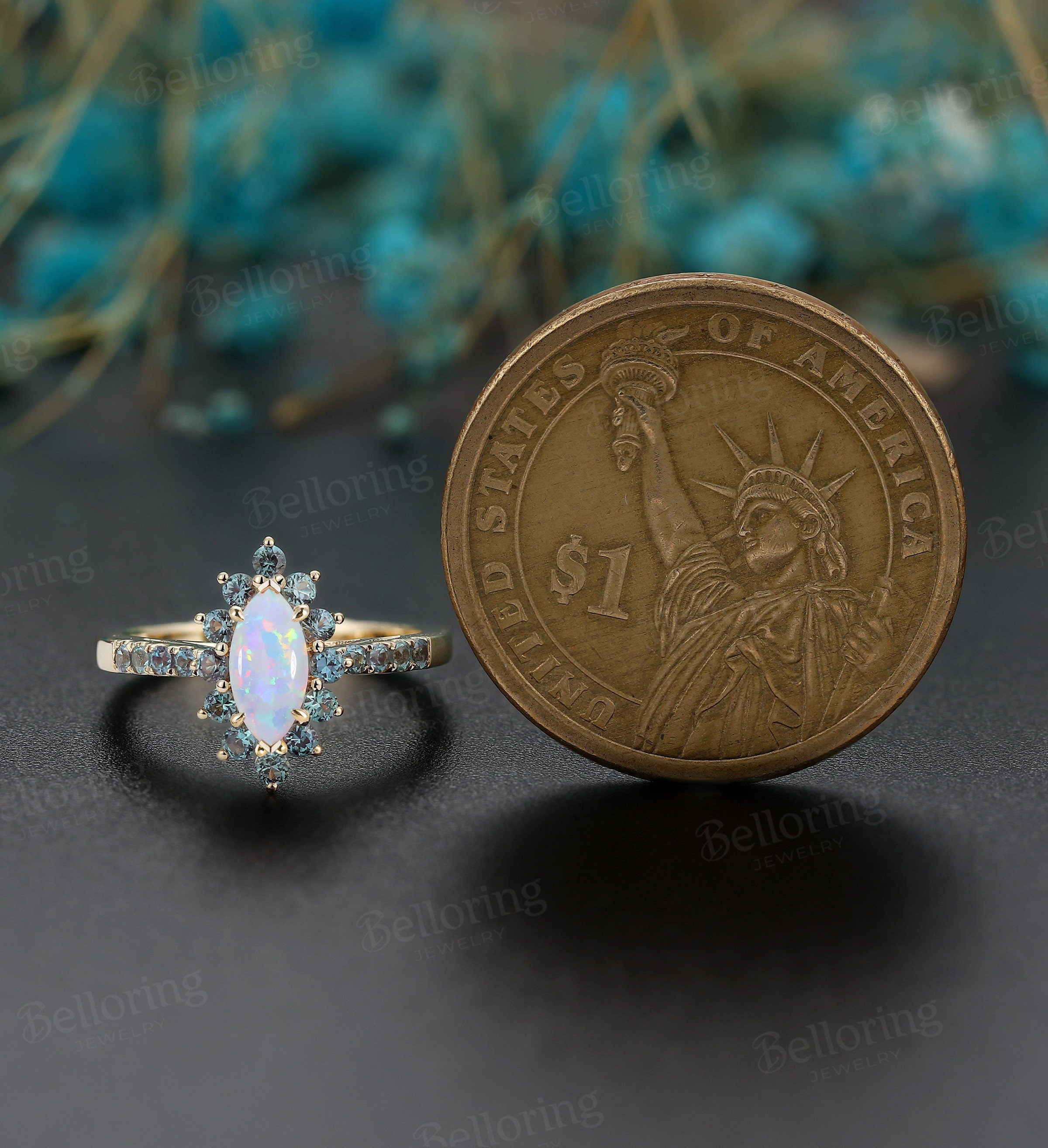 Marquise cut Lab Opal engagement ring, Vintage rose gold alexandrite halo promise ring, Art deco unique anniversary antique bridal ring