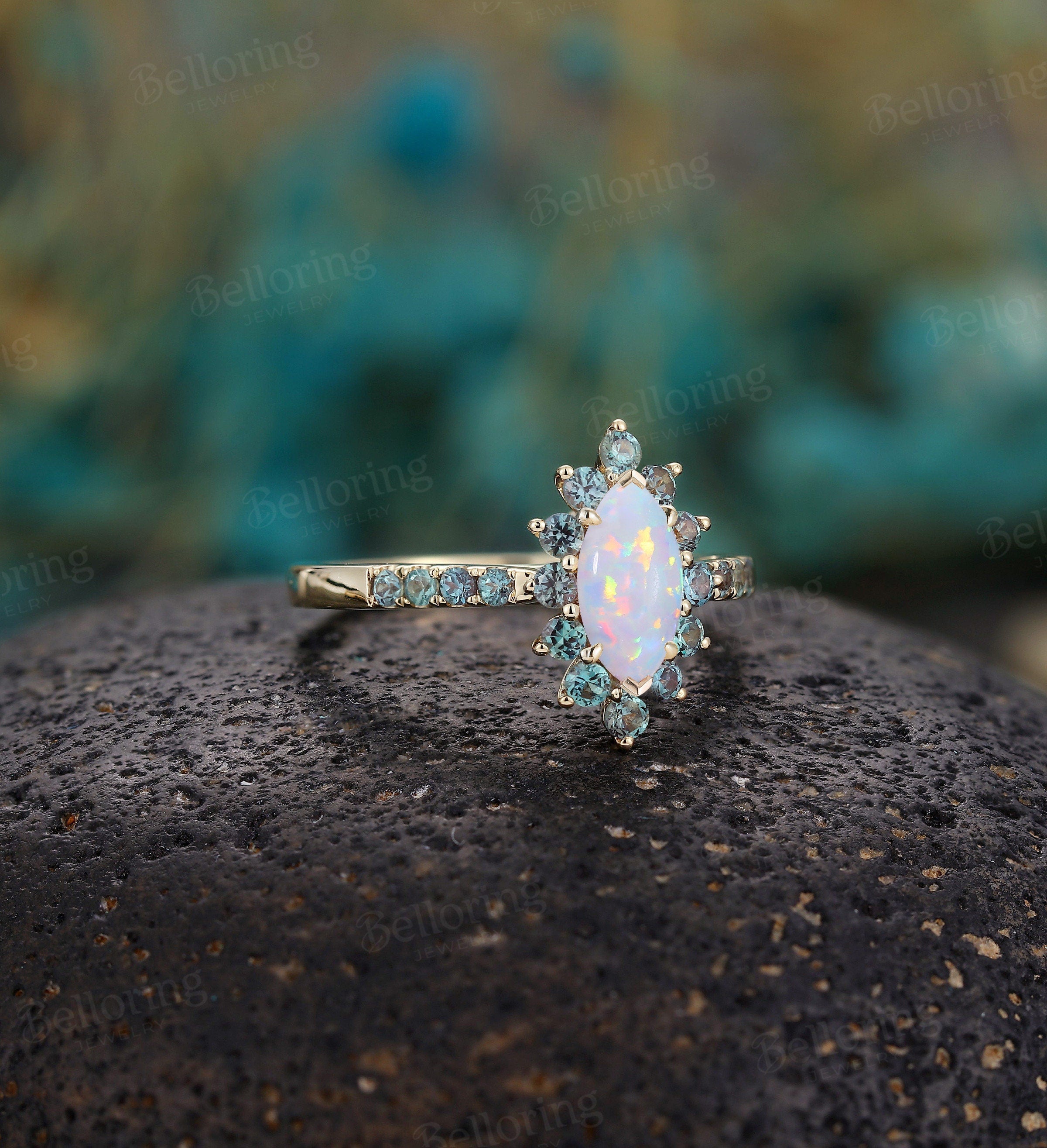 Marquise cut Lab Opal engagement ring, Vintage rose gold alexandrite halo promise ring, Art deco unique anniversary antique bridal ring