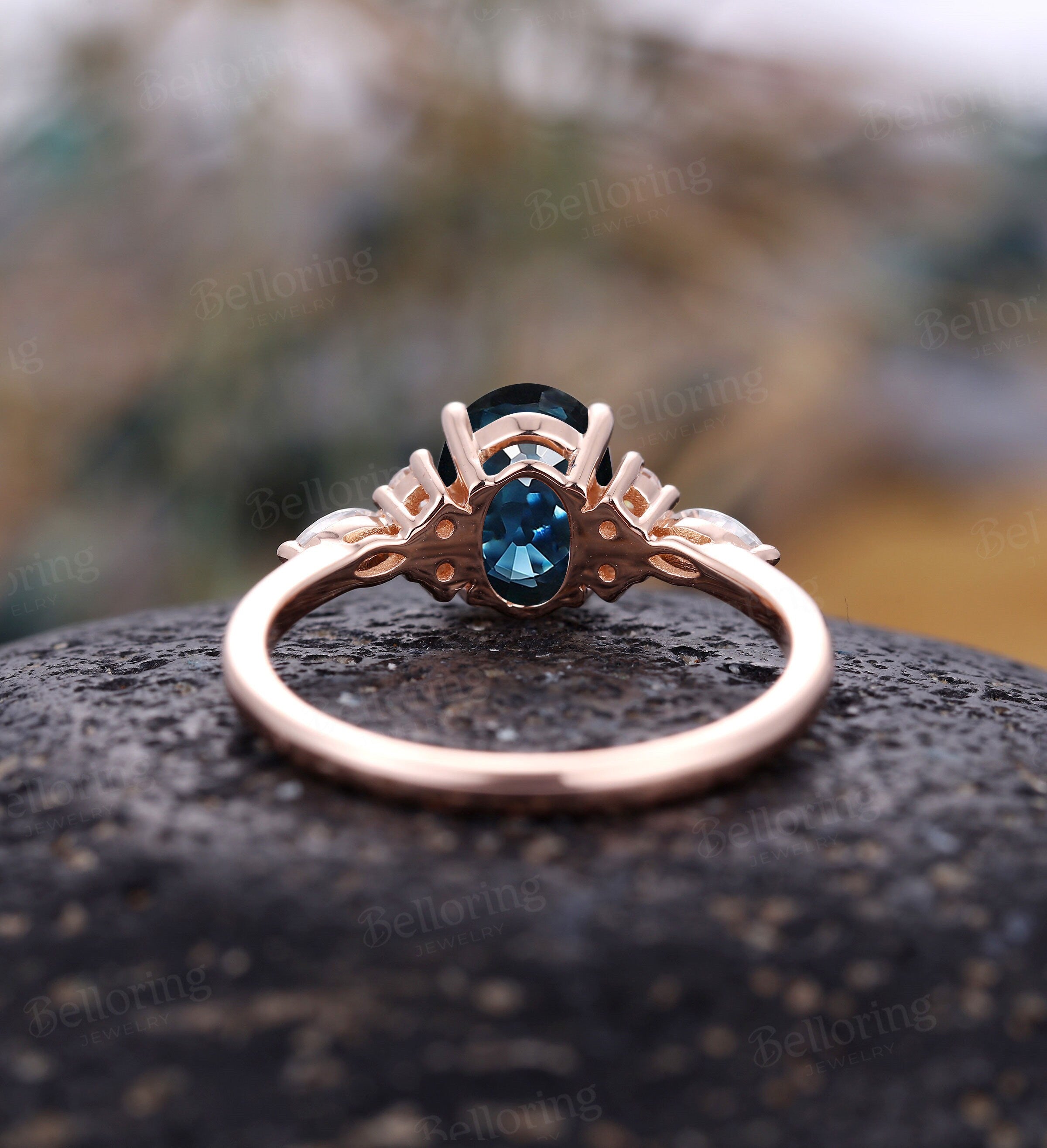 Art deco oval cut Teal Sapphire engagement ring, Vintage antique rose gold Unique wedding ring, moissanite/diamond promise Anniversary ring