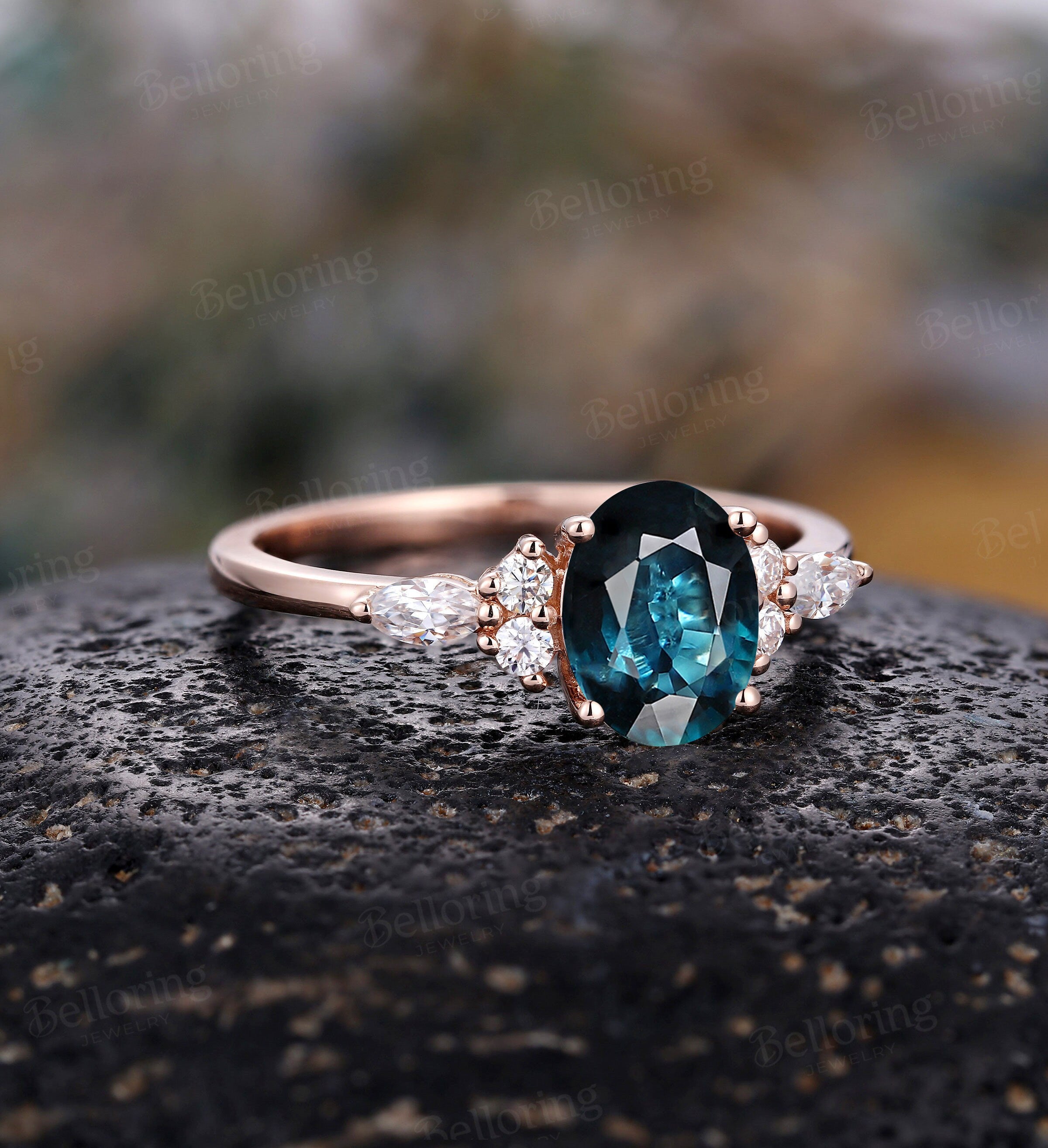 Art deco oval cut Teal Sapphire engagement ring, Vintage antique rose gold Unique wedding ring, moissanite/diamond promise Anniversary ring