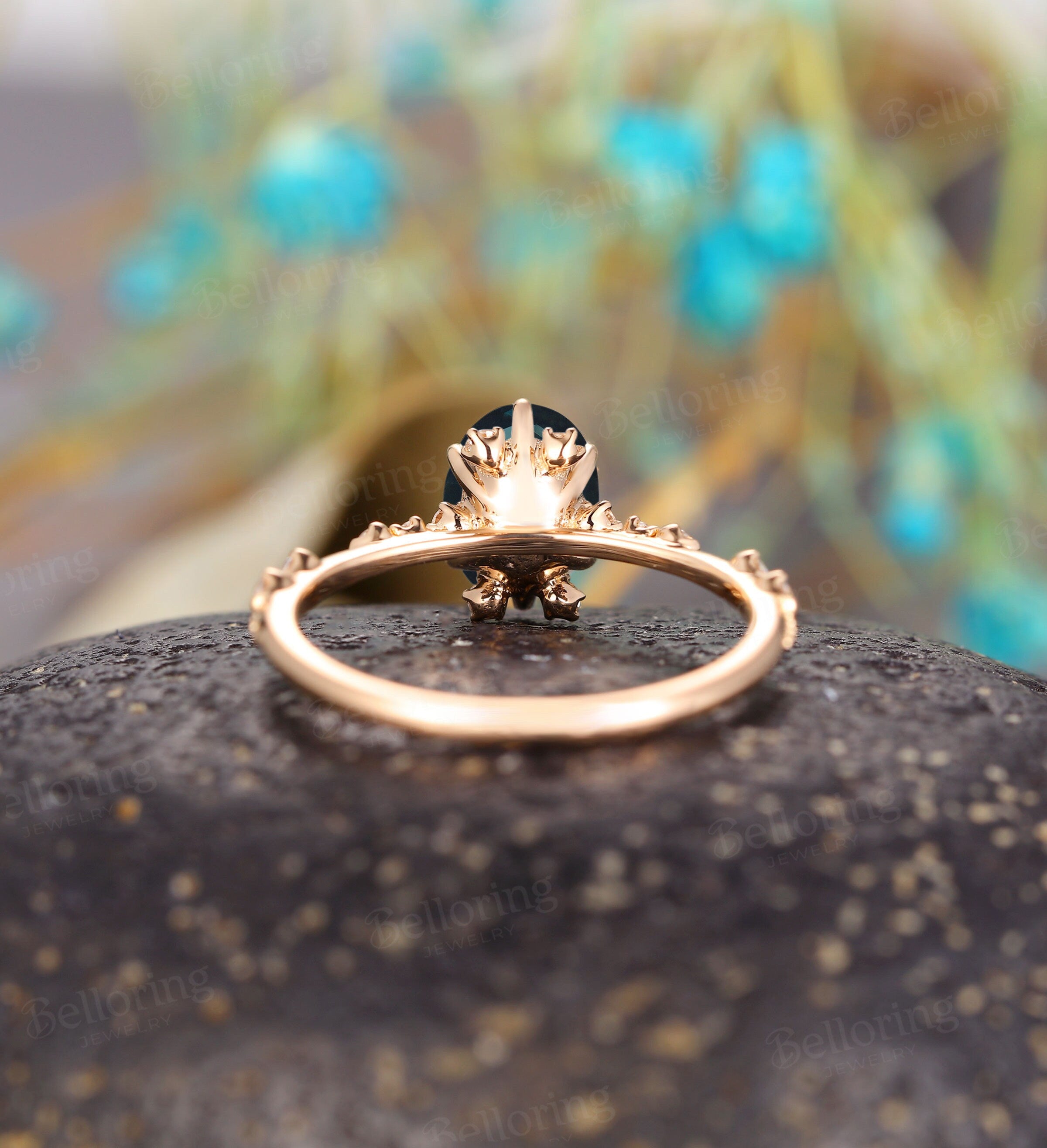 Art deco oval cut Teal Sapphire engagement ring, Vintage antique rose gold Unique wedding ring, moissanite milgrain promise Anniversary ring