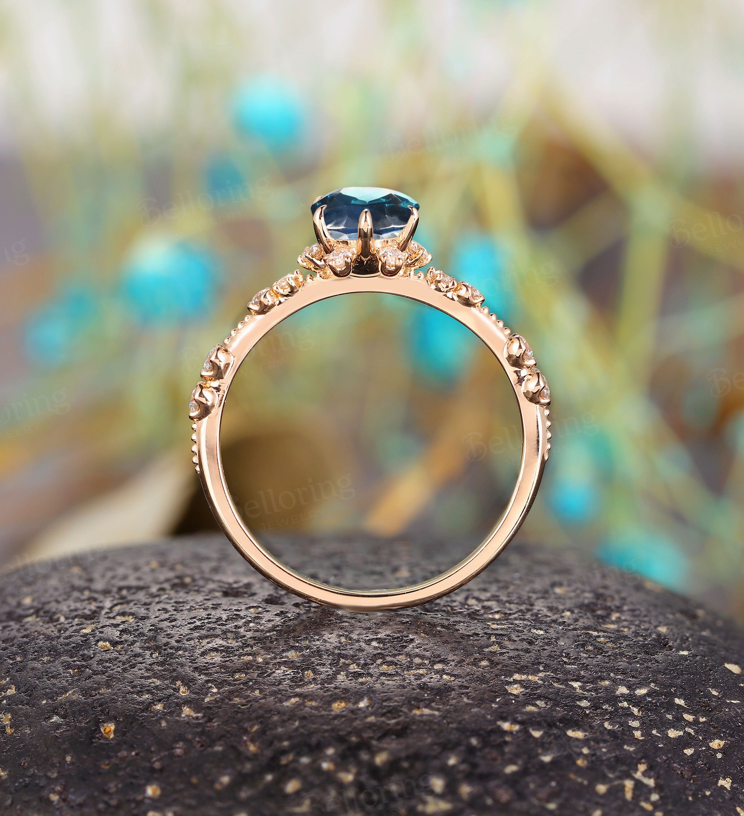 Art deco oval cut Teal Sapphire engagement ring, Vintage antique rose gold Unique wedding ring, moissanite milgrain promise Anniversary ring