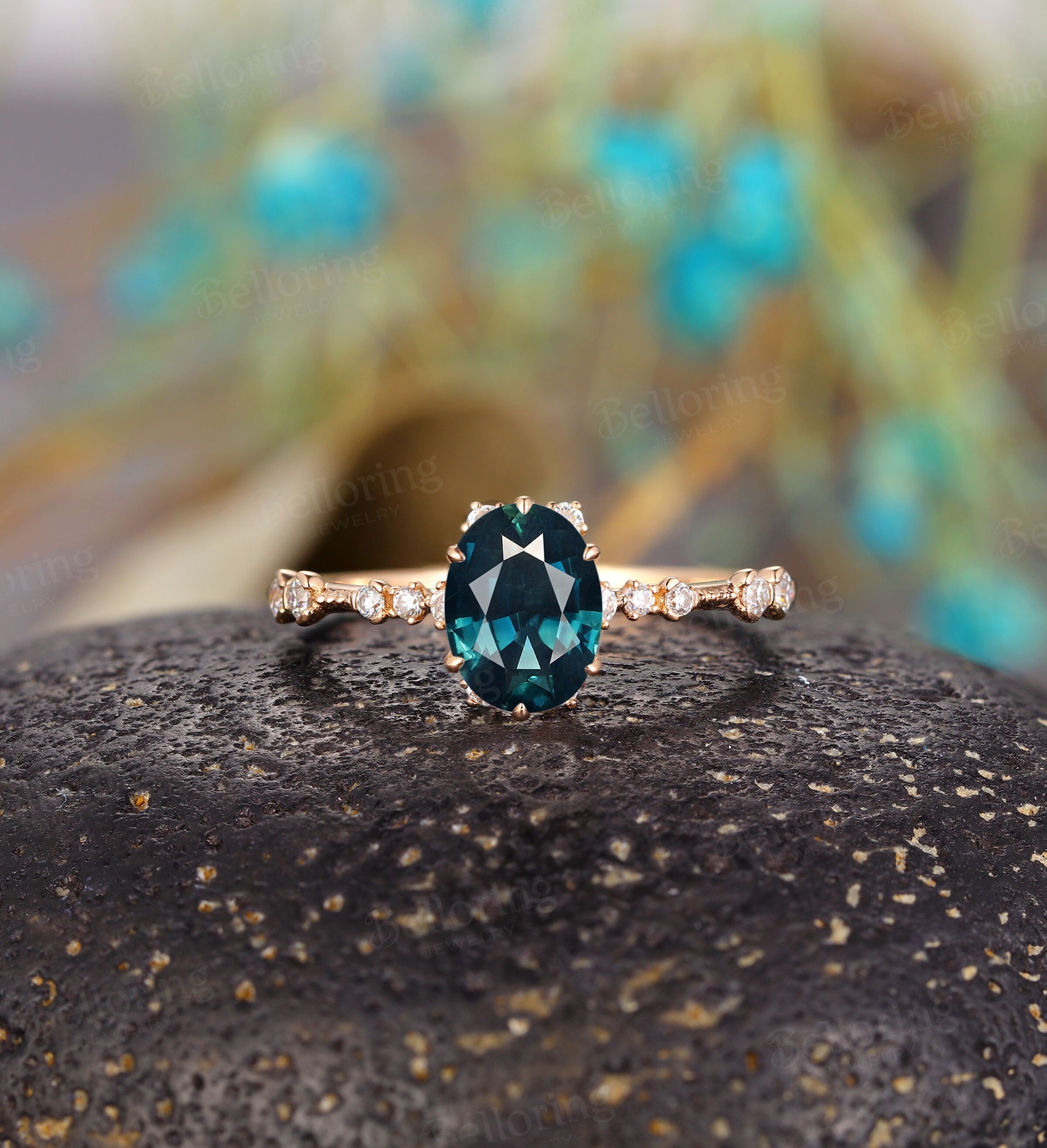 Art deco oval cut Teal Sapphire engagement ring, Vintage antique rose gold Unique wedding ring, moissanite milgrain promise Anniversary ring