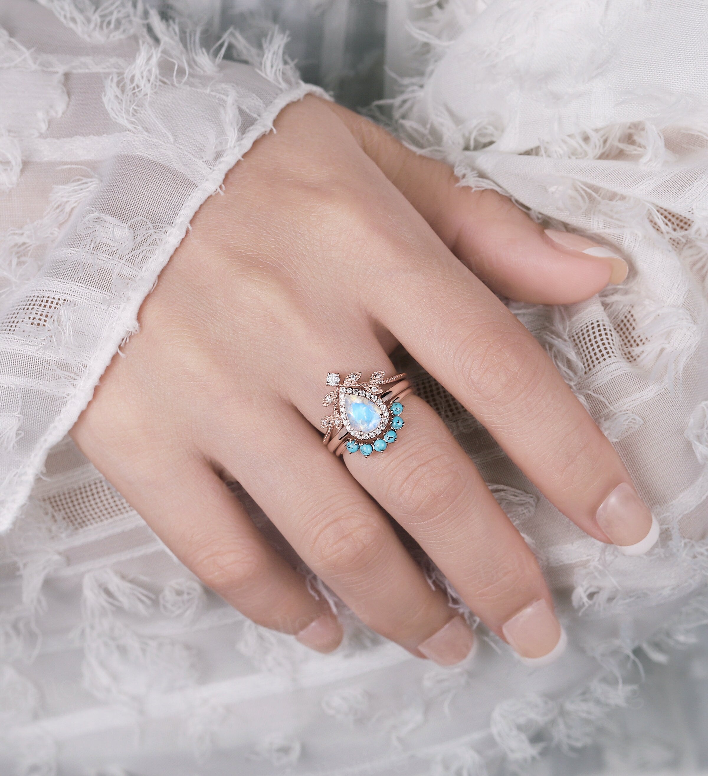 Moonstone engagement ring set, Rose gold pear cut vintage leaf moissanite/diamond bridal ring, turquoise Wedding  Anniversary promise ring