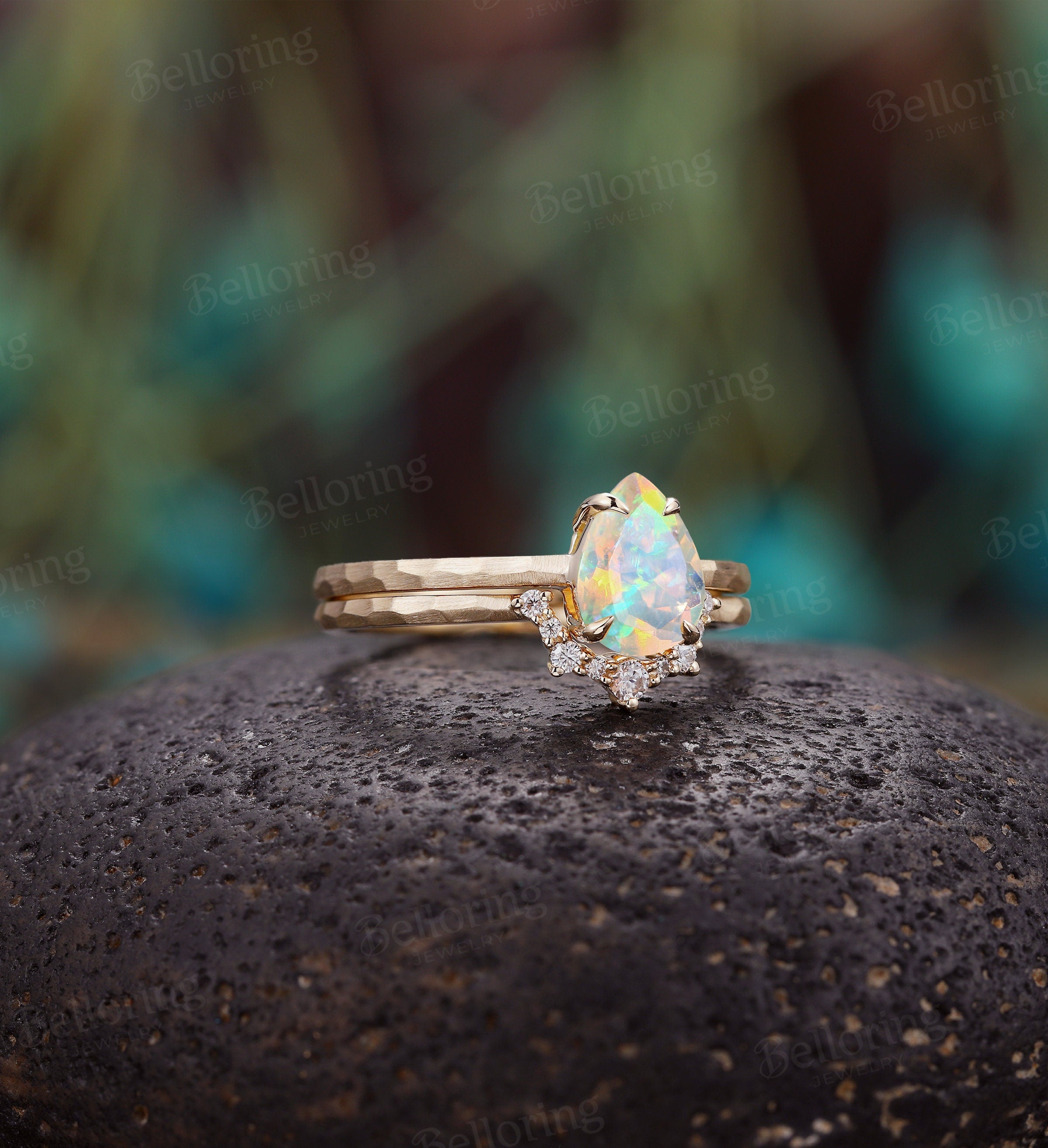 Hammered finish Pear cut Ethiopian Opal Bridal set, Vintage engagement Art deco Diamond ring, Rose gold promise Anniversary bridal ring set