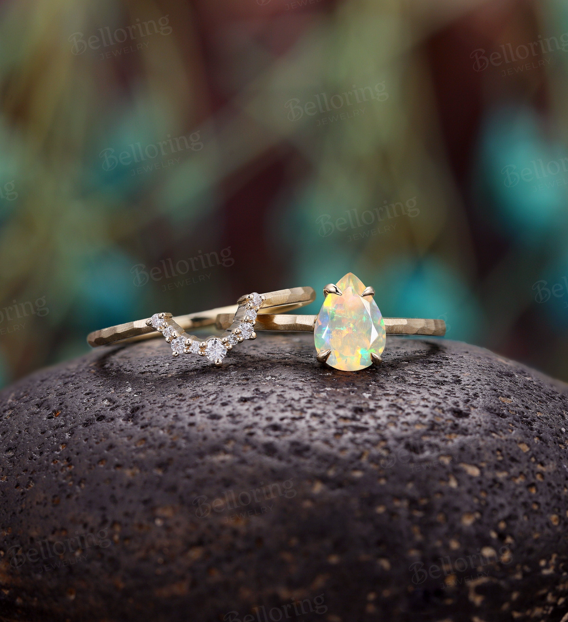 Hammered finish Pear cut Ethiopian Opal Bridal set, Vintage engagement Art deco Diamond ring, Rose gold promise Anniversary bridal ring set