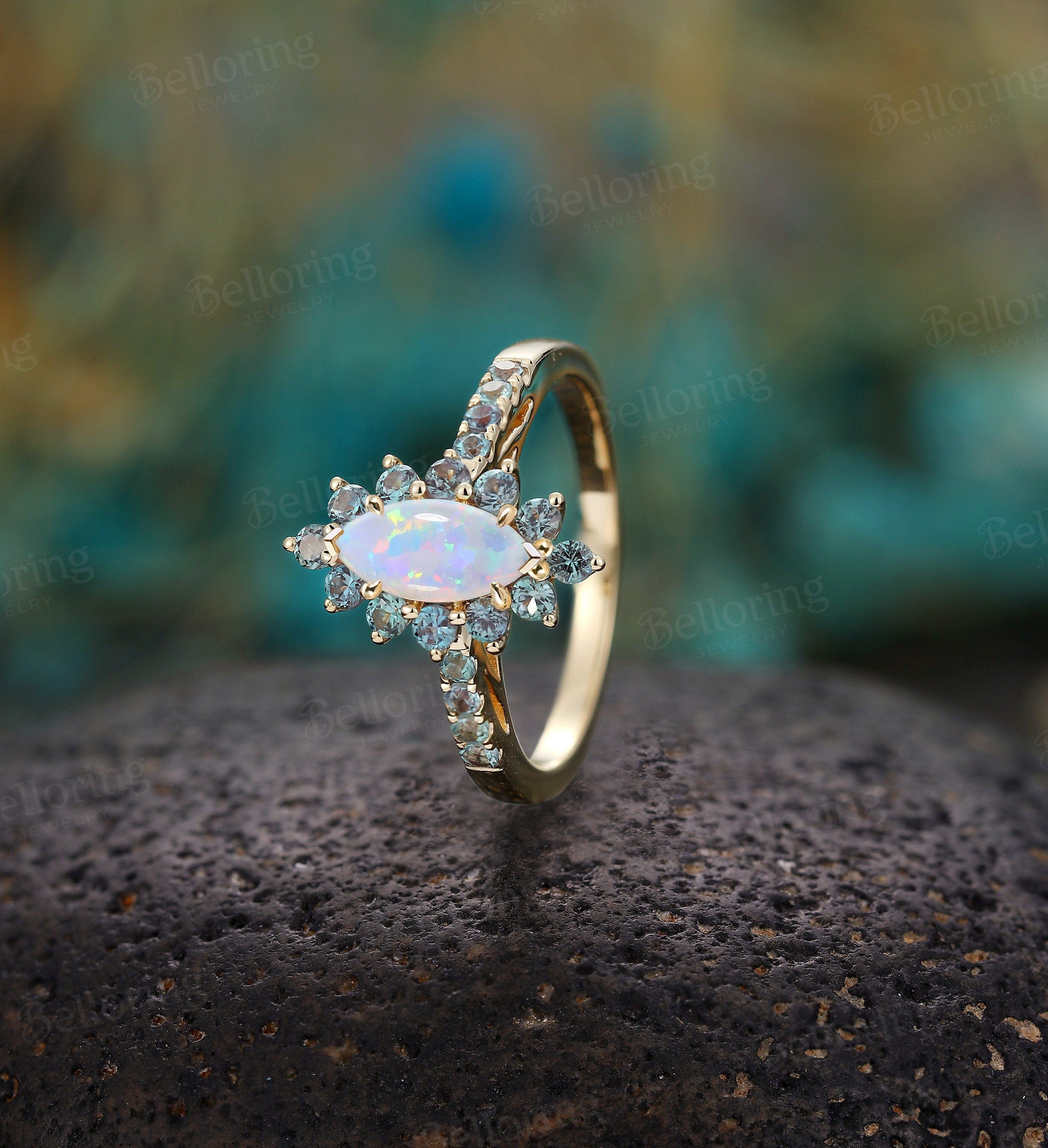 Marquise cut Lab Opal engagement ring, Vintage rose gold alexandrite halo promise ring, Art deco unique anniversary antique bridal ring