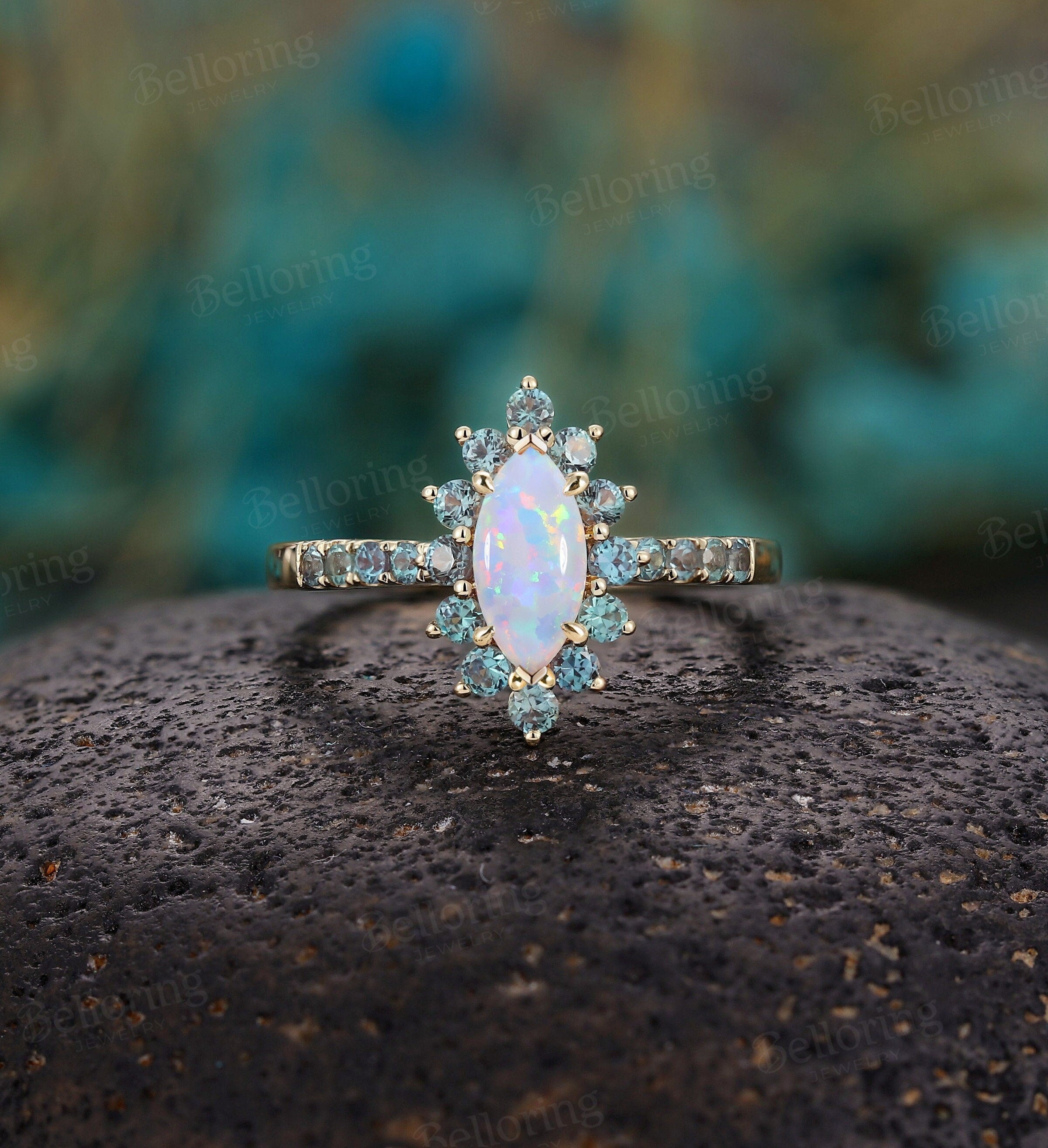 Marquise cut Lab Opal engagement ring, Vintage rose gold alexandrite halo promise ring, Art deco unique anniversary antique bridal ring